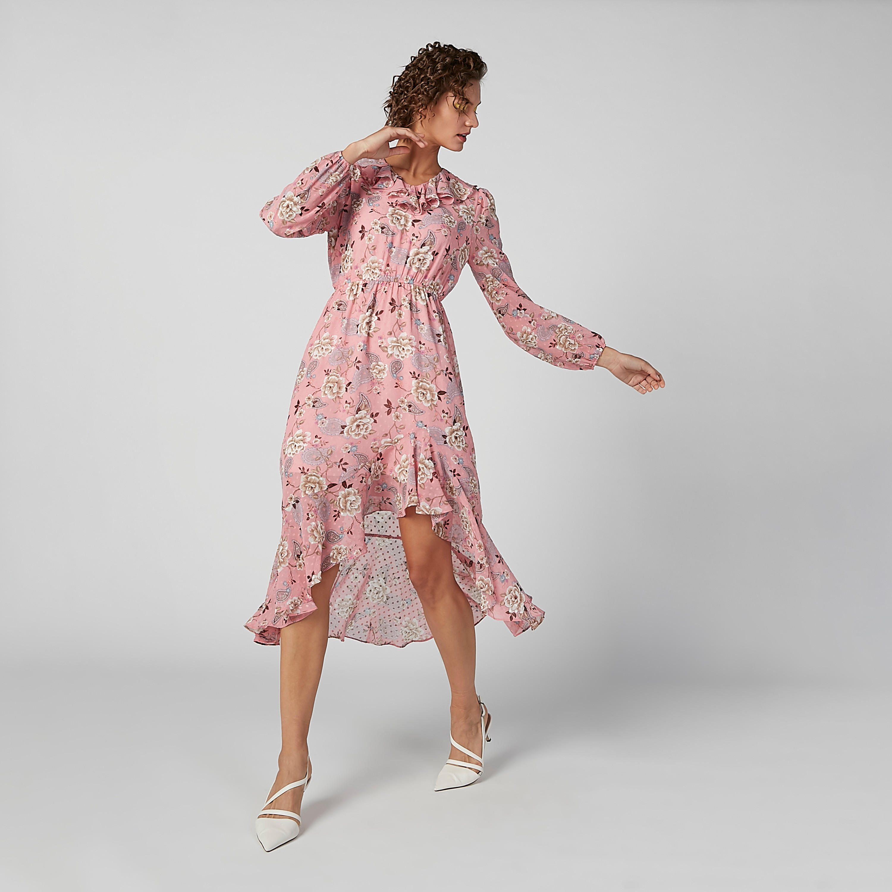 فستان متوسط الطول بأكمام طويلة وحواف غير مستوية وطبعات زهرية-women-clothing-dresses-image-1