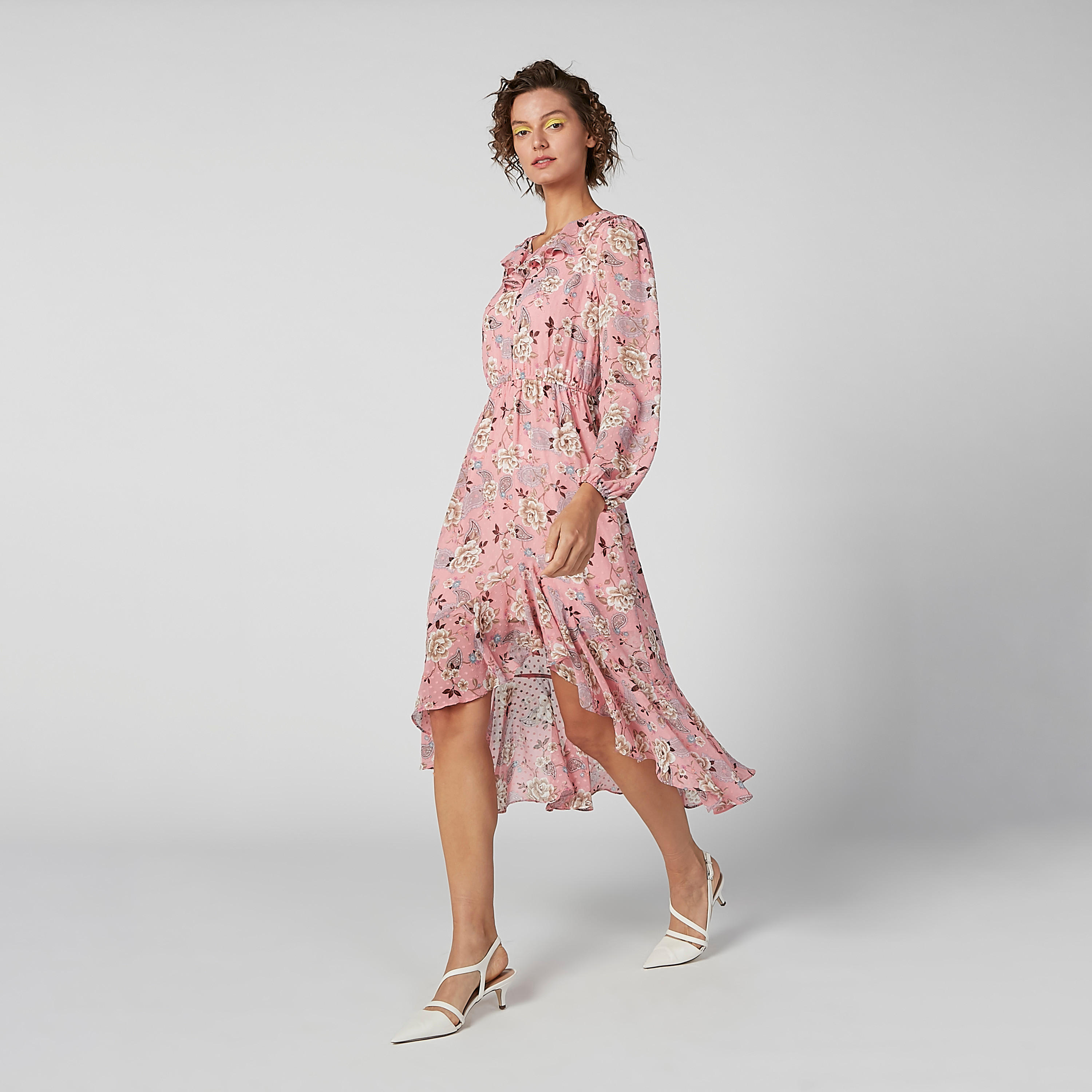 فستان متوسط الطول بأكمام طويلة وحواف غير مستوية وطبعات زهرية-women-clothing-dresses-image-2