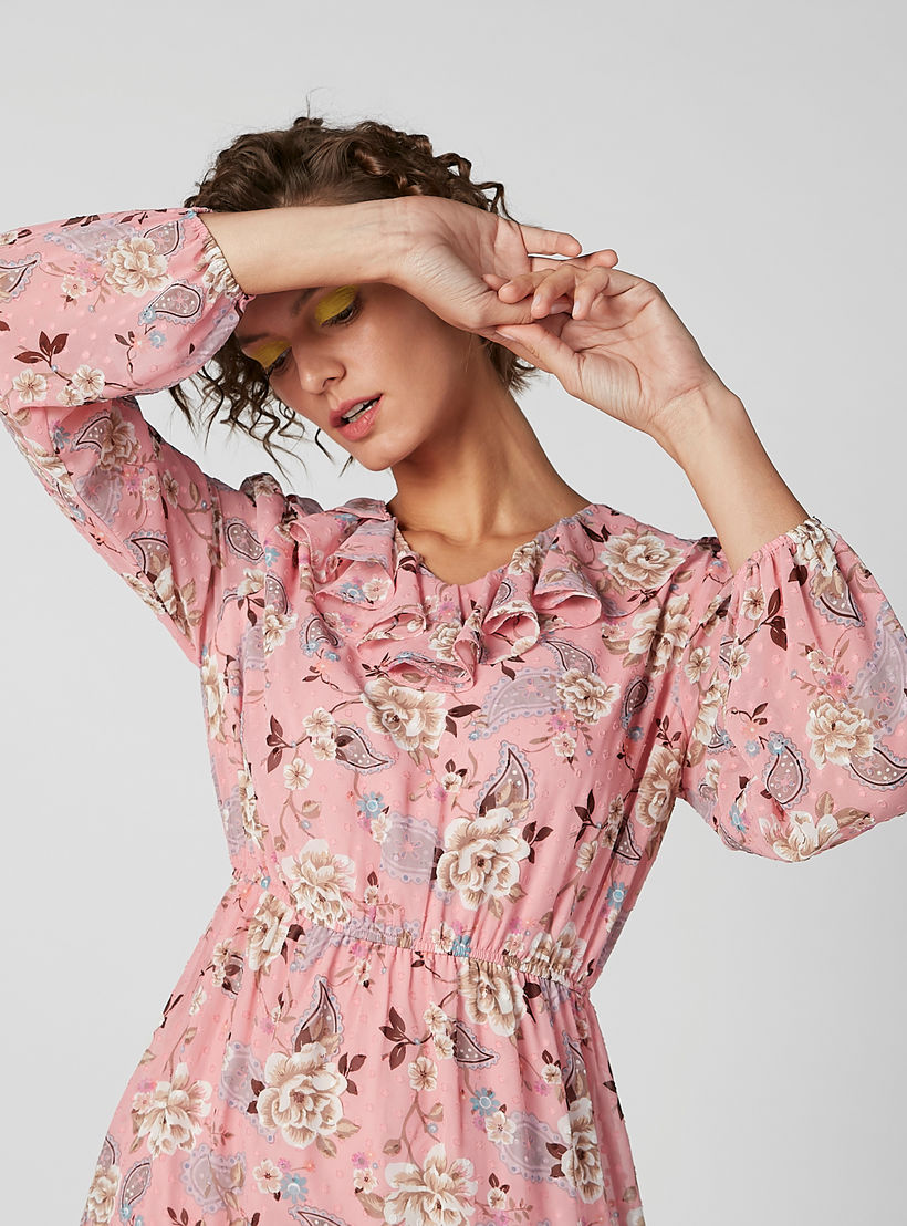 فستان متوسط الطول بأكمام طويلة وحواف غير مستوية وطبعات زهرية-women-clothing-dresses-image-3