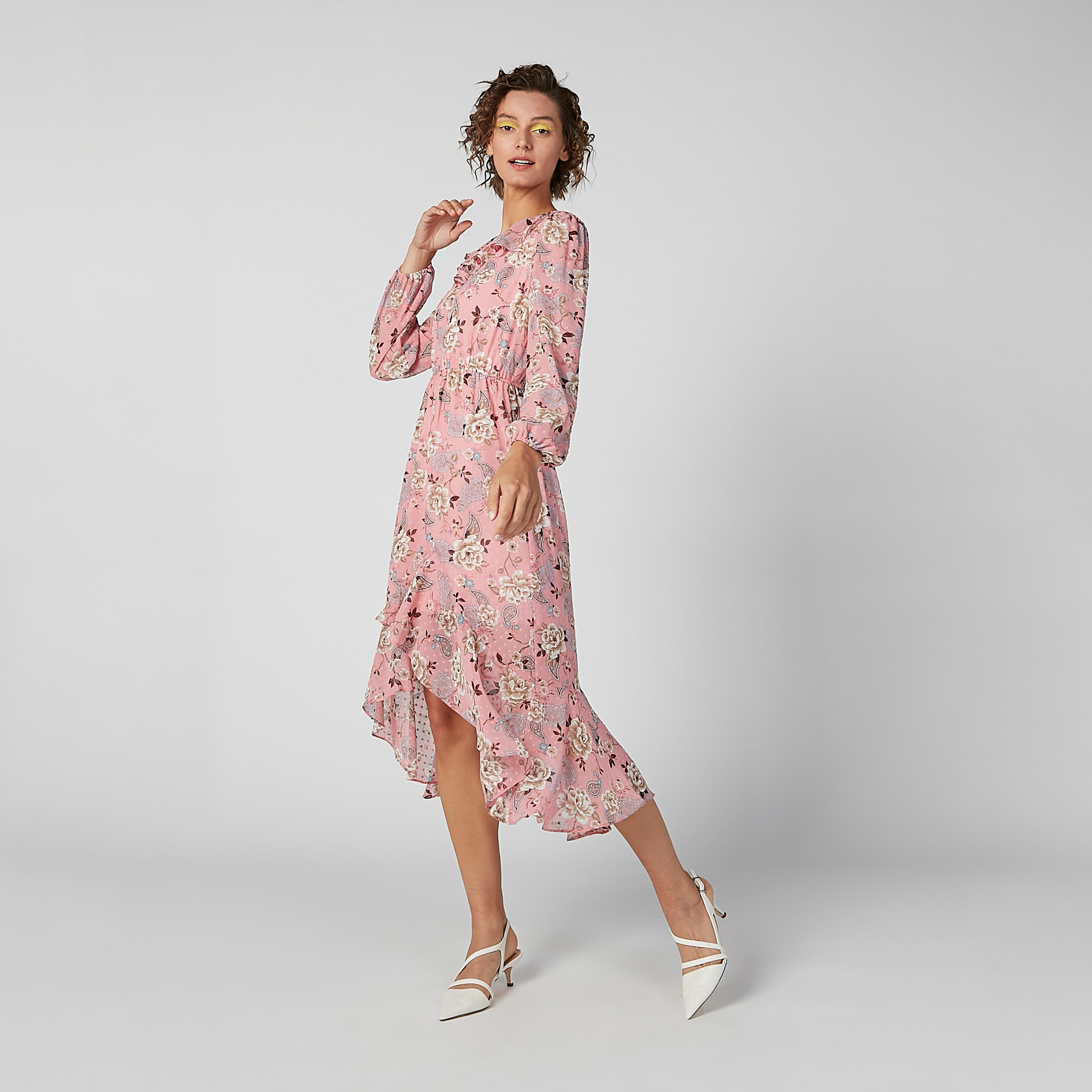 فستان متوسط الطول بأكمام طويلة وحواف غير مستوية وطبعات زهرية-women-clothing-dresses-image-4