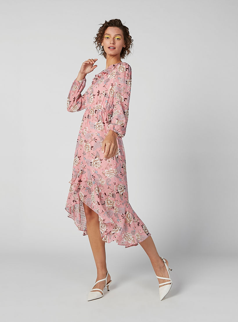 فستان متوسط الطول بأكمام طويلة وحواف غير مستوية وطبعات زهرية-women-clothing-dresses-image-4