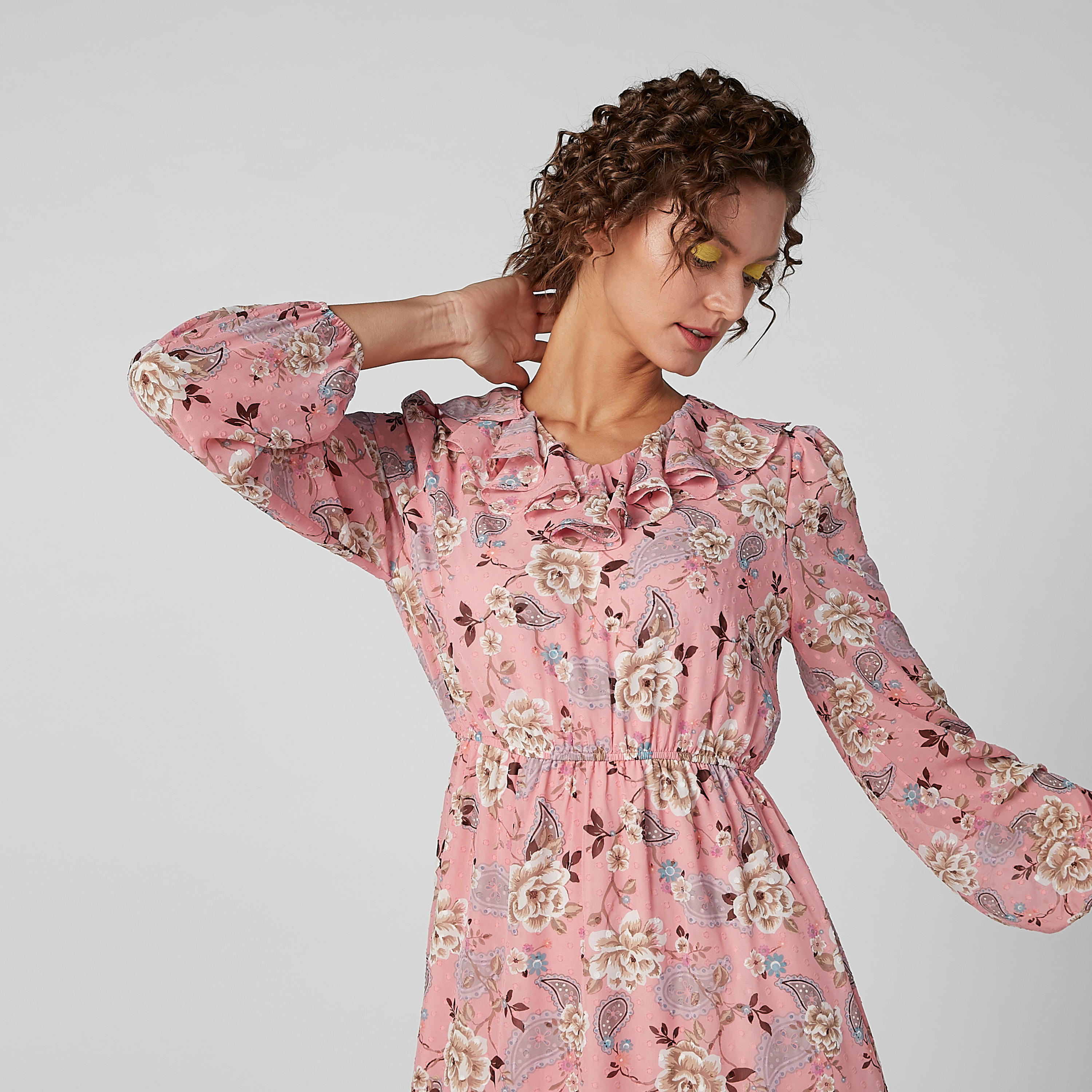 فستان متوسط الطول بأكمام طويلة وحواف غير مستوية وطبعات زهرية-women-clothing-dresses-image-5