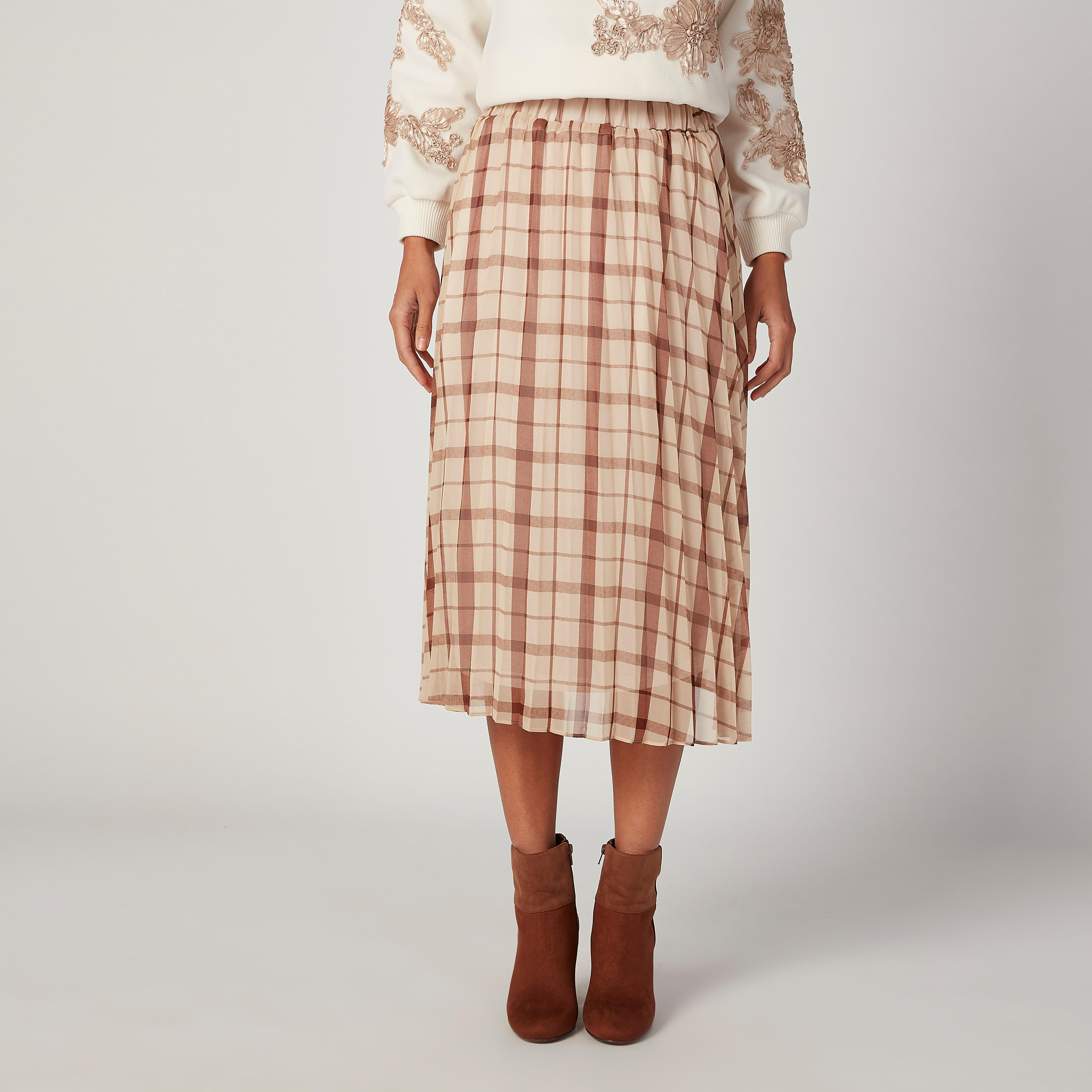 تنورة ميدي كاروهات إيه لاين بخصر مطّاطي-women-clothing-bottoms-skirts-image-1