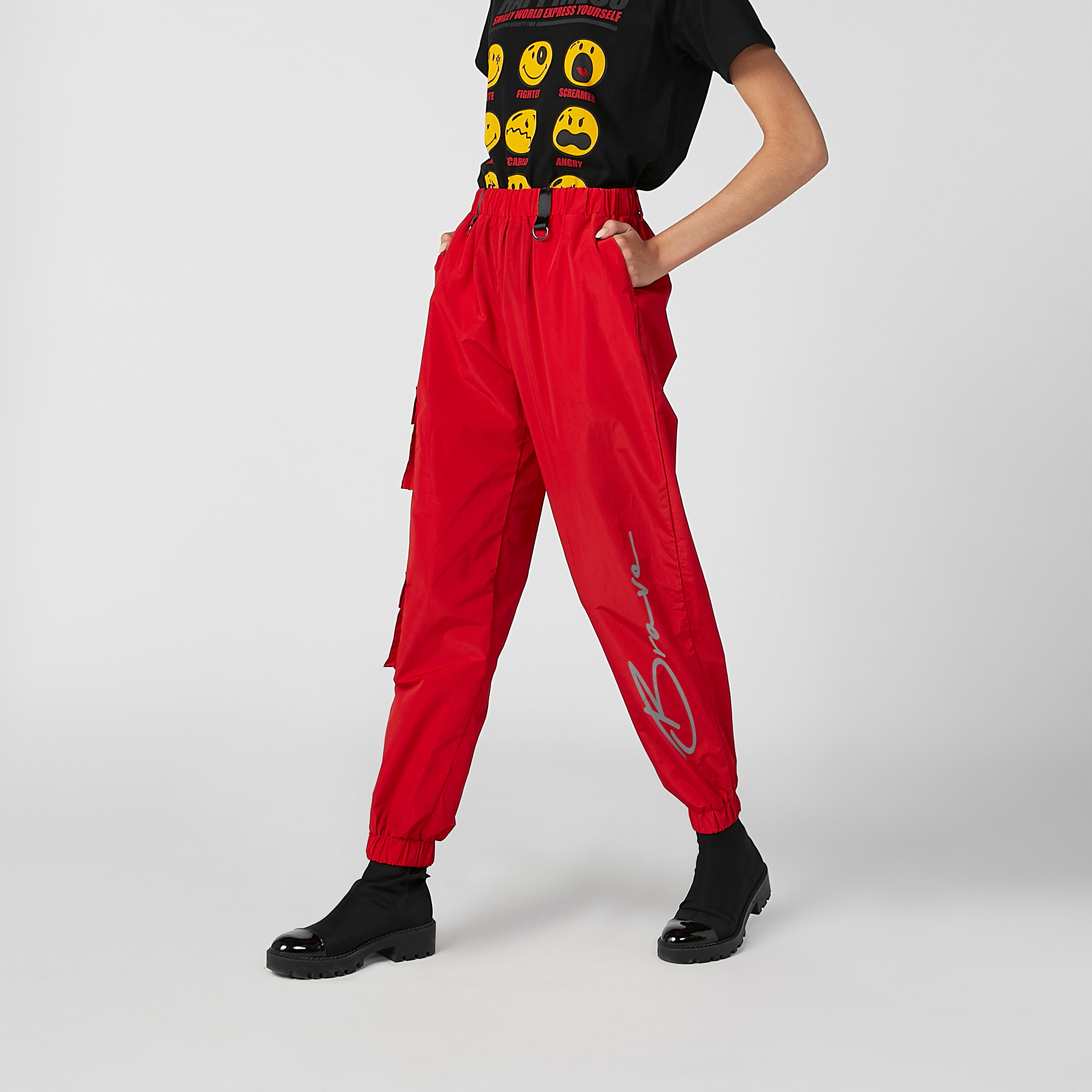 بنطلون رياضي سادة بخصر مطّاطي متوسط الارتفاع وجيوب-women-clothing-bottoms-trousers-image-3