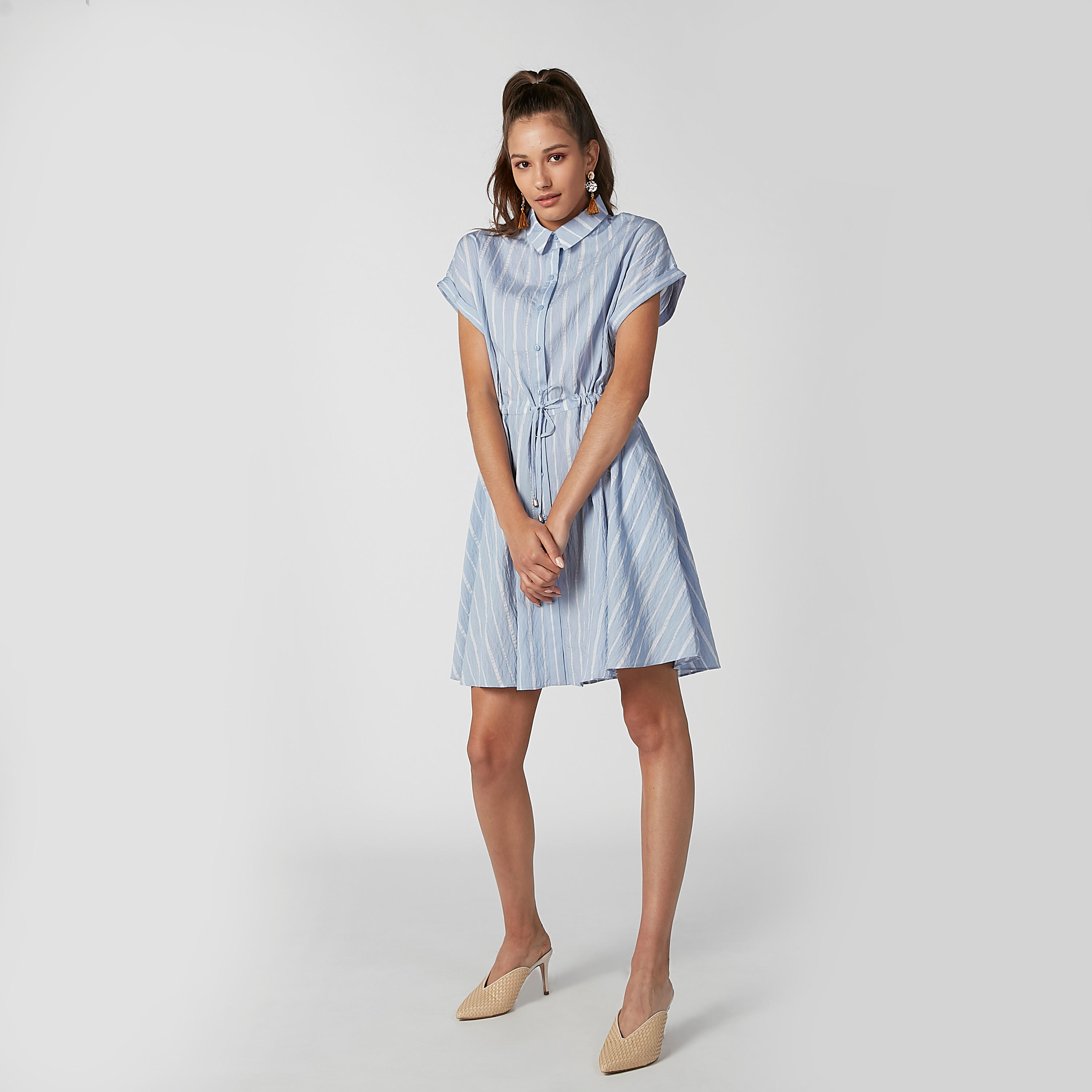 فستان قميص ميدي مقلم إيه لاين بأكمام كاب متصلة وجيوب-women-clothing-dresses-image-5