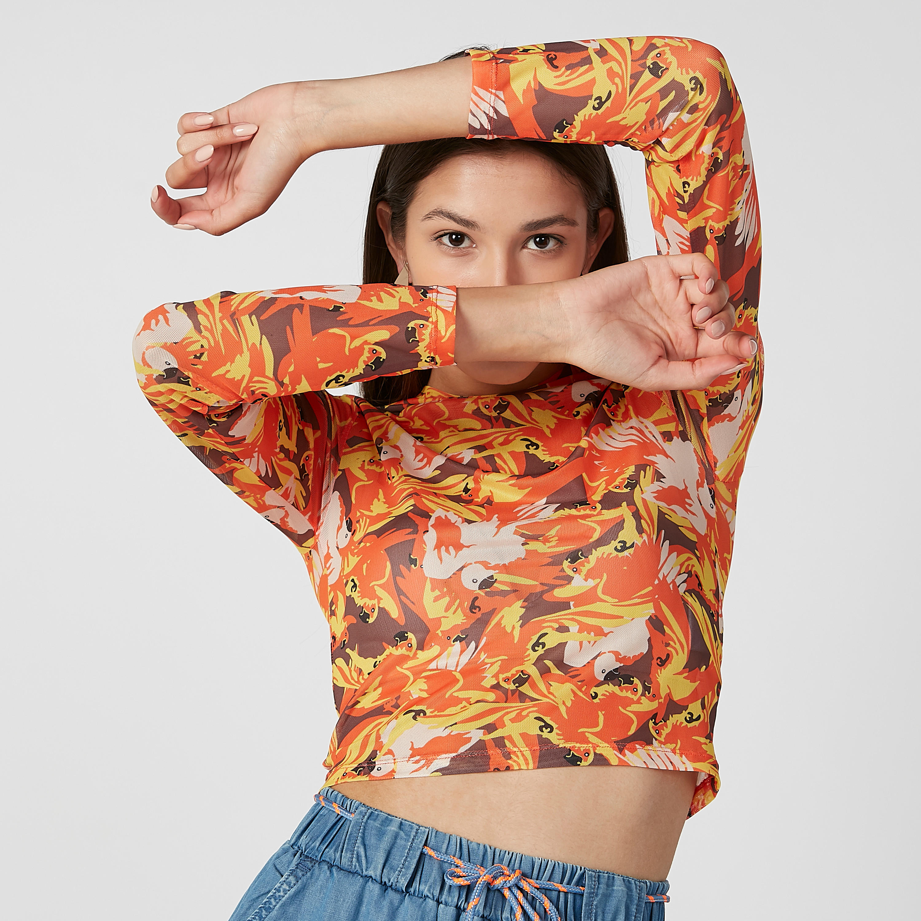 Printed Cropped T-shirt with Round Neck and Long Sleeves-women-clothing-tshirts-image-1