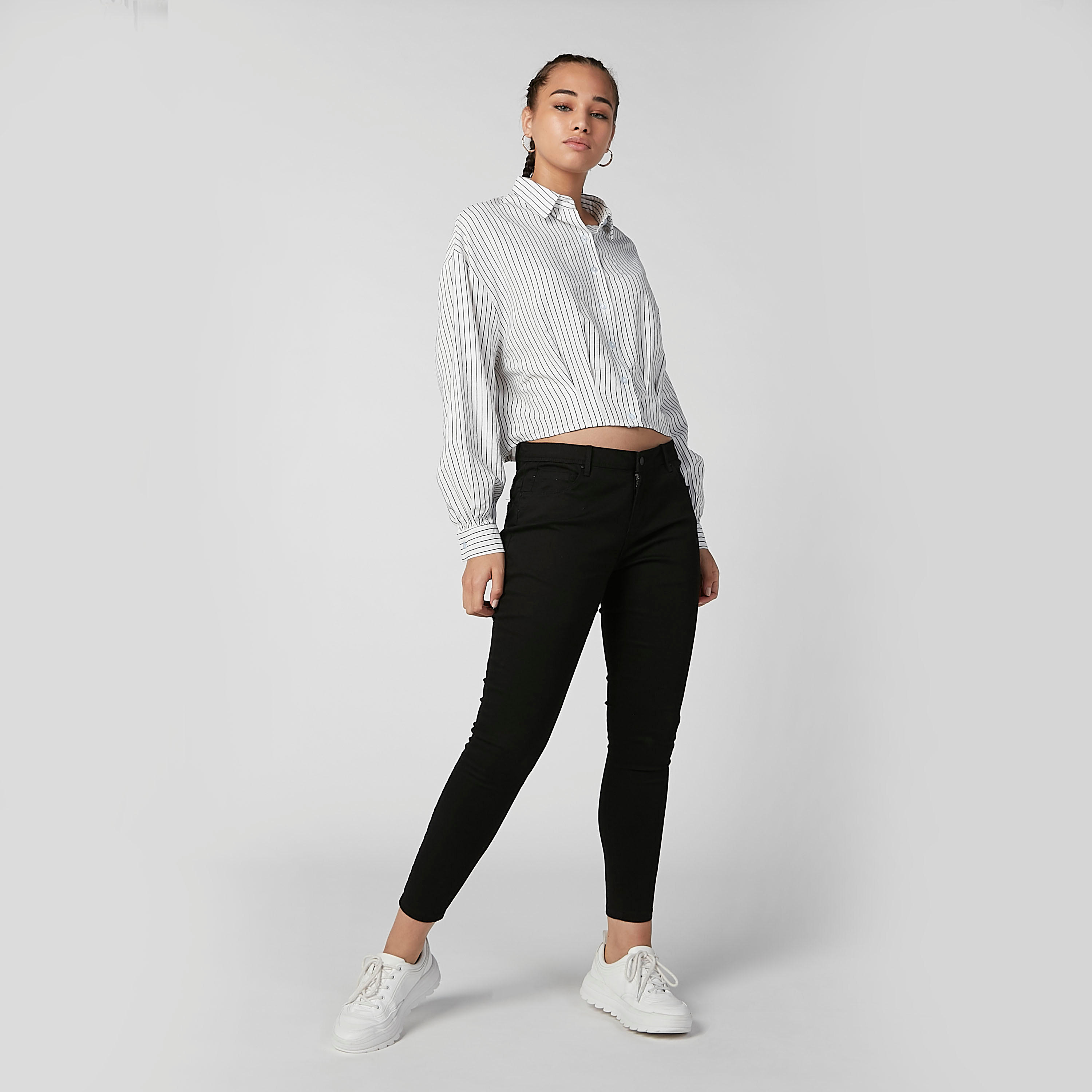 قميص قصير مخطط بياقة عاديّة وأكتاف منسدلة-women-clothing-shirtsandblouses-shirts-image-5