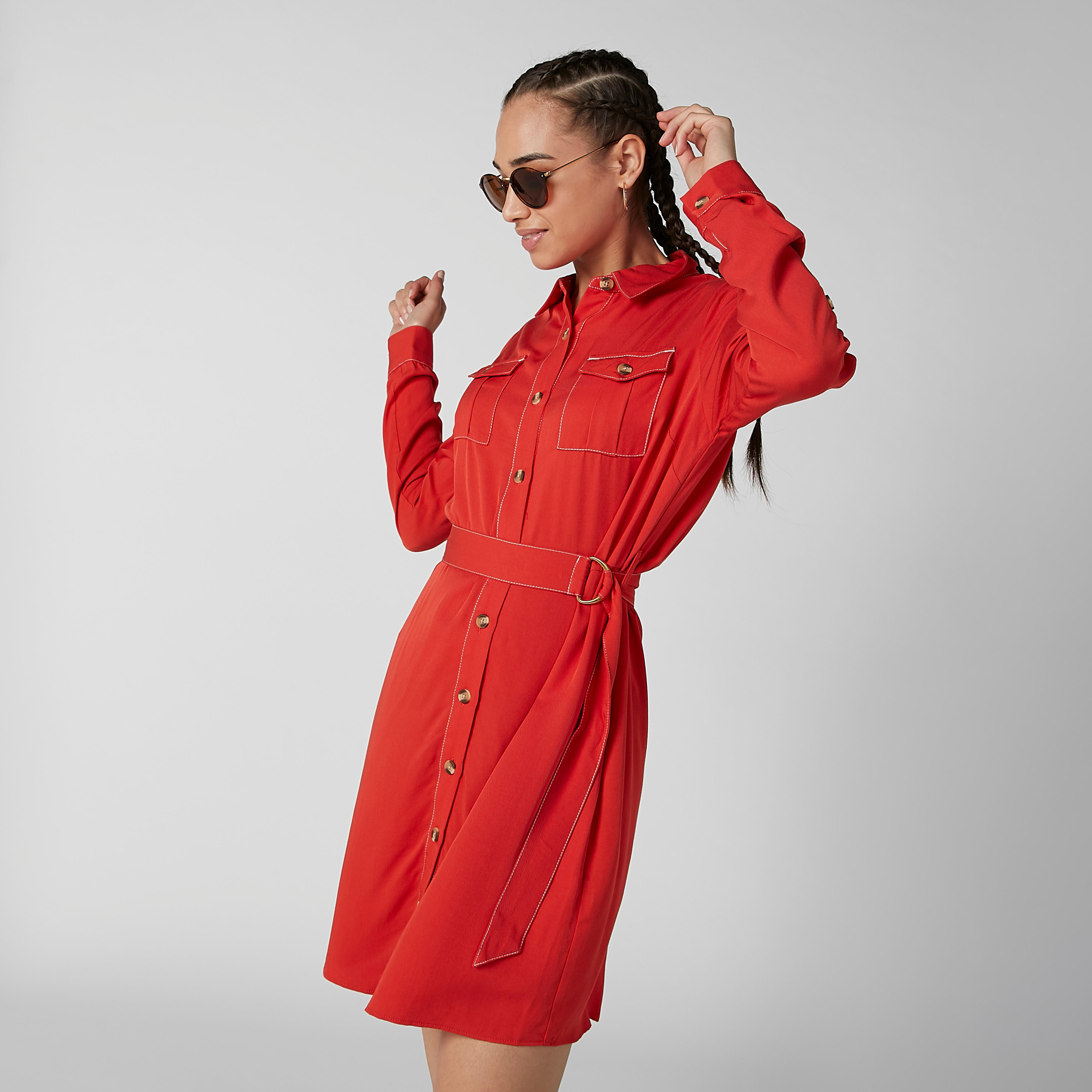 فستان قميص سادة بأكمام طويلة وحلقات للحزام-women-clothing-dresses-image-1