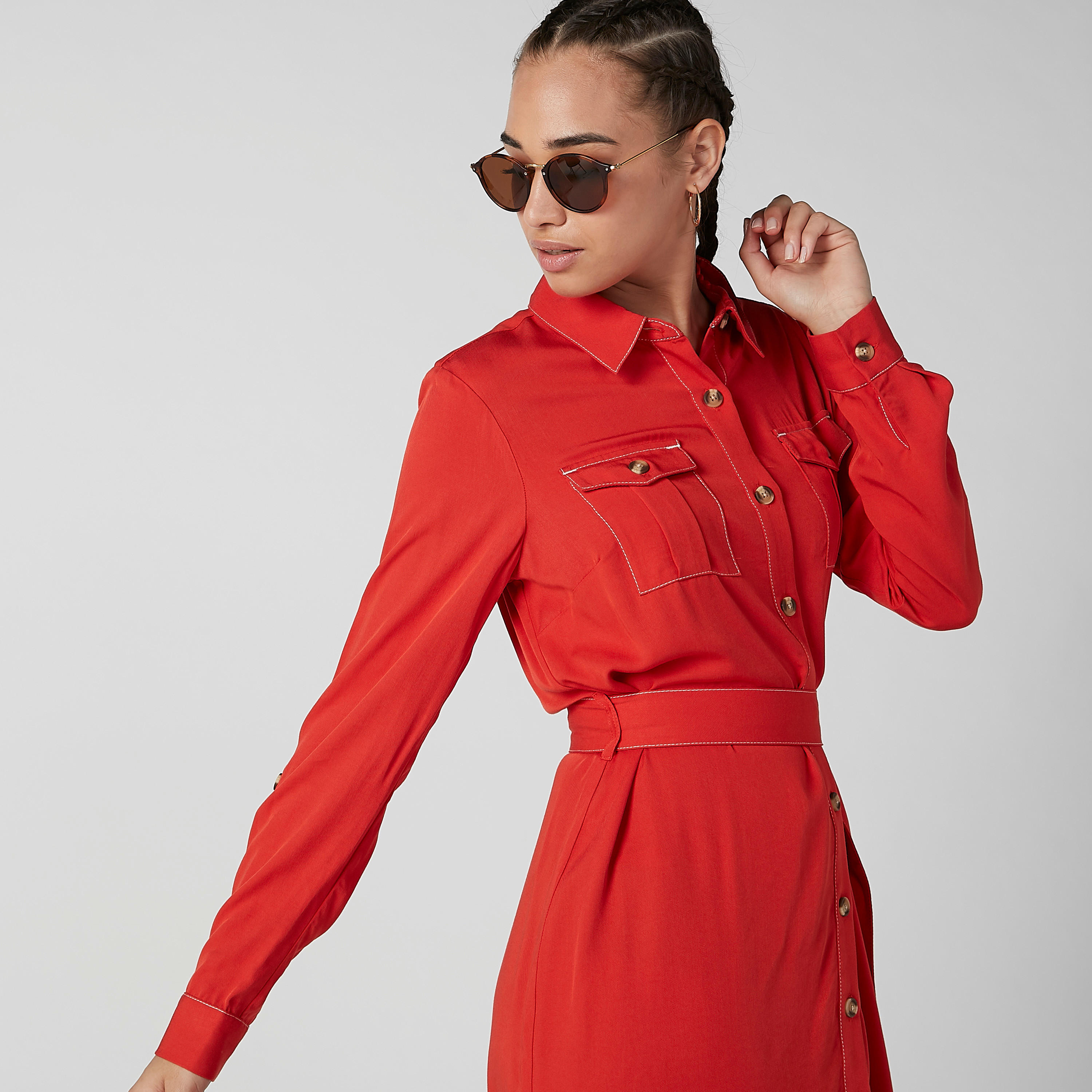فستان قميص سادة بأكمام طويلة وحلقات للحزام-women-clothing-dresses-image-2