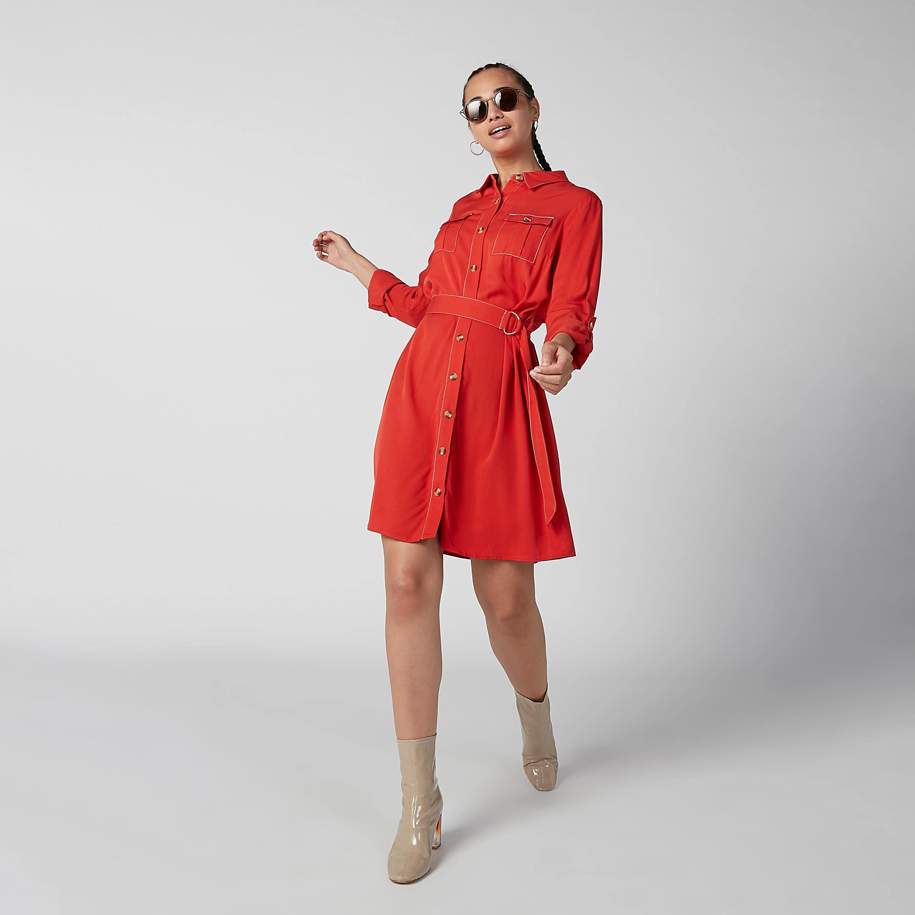 فستان قميص سادة بأكمام طويلة وحلقات للحزام-women-clothing-dresses-image-3