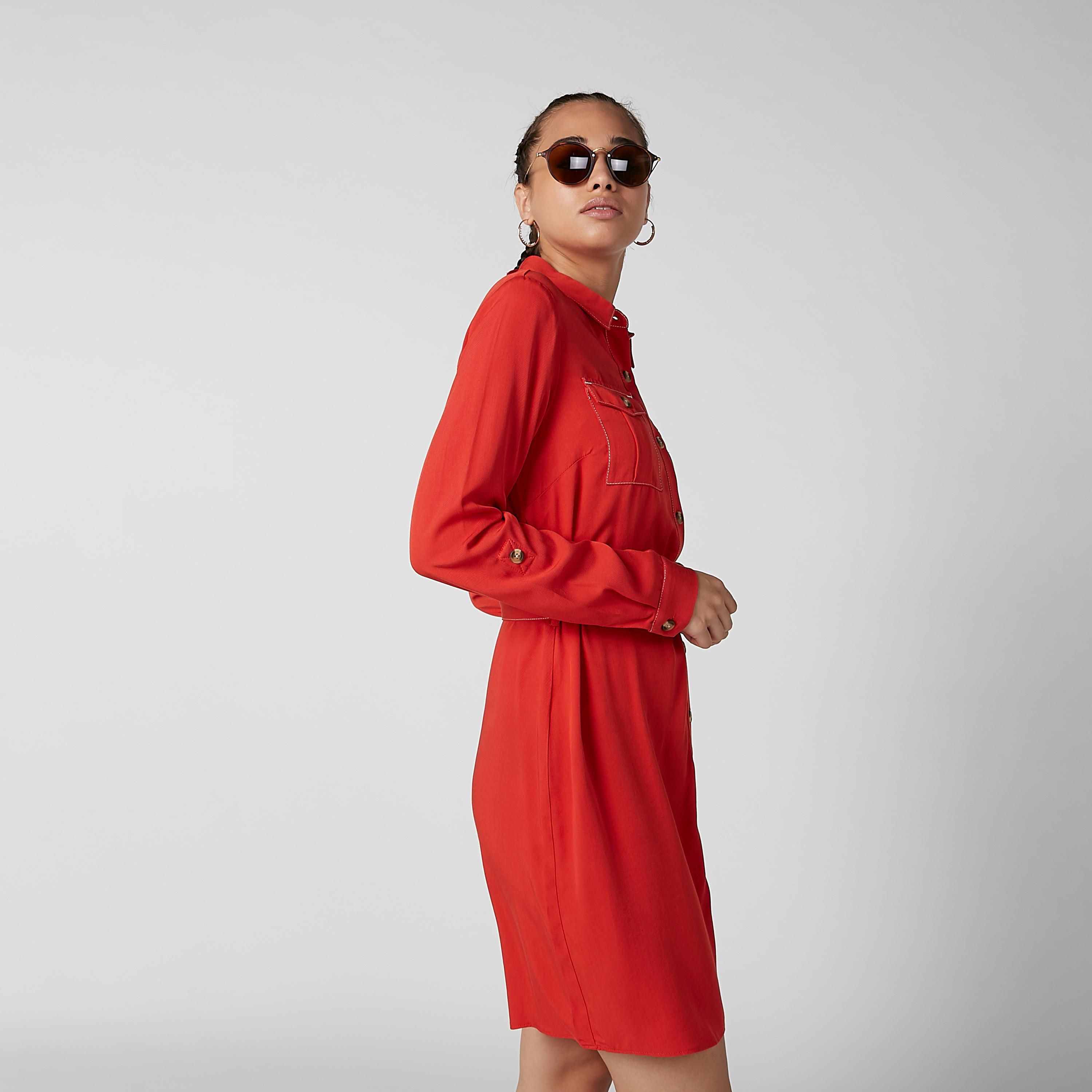 فستان قميص سادة بأكمام طويلة وحلقات للحزام-women-clothing-dresses-image-5