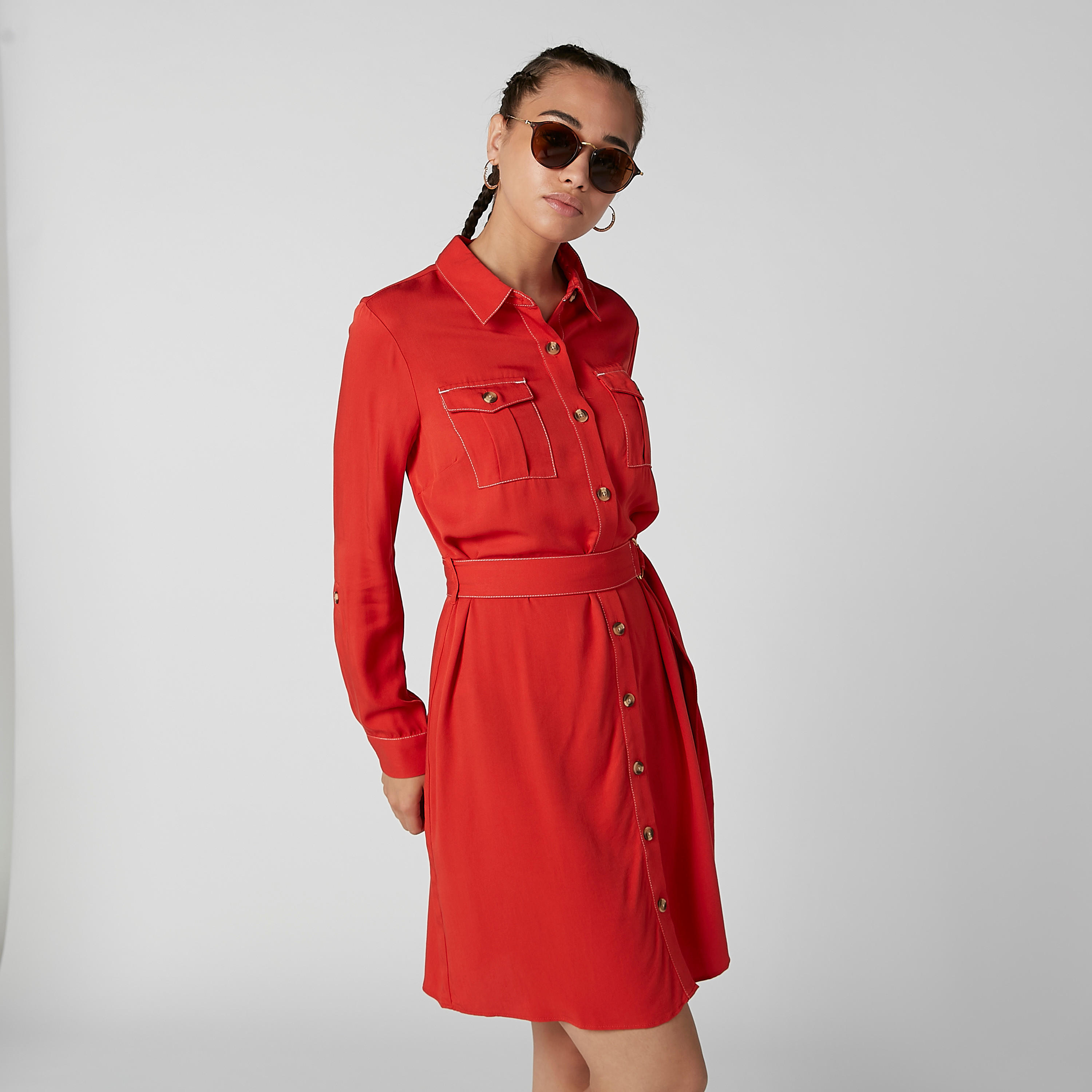 فستان قميص سادة بأكمام طويلة وحلقات للحزام-women-clothing-dresses-image-6
