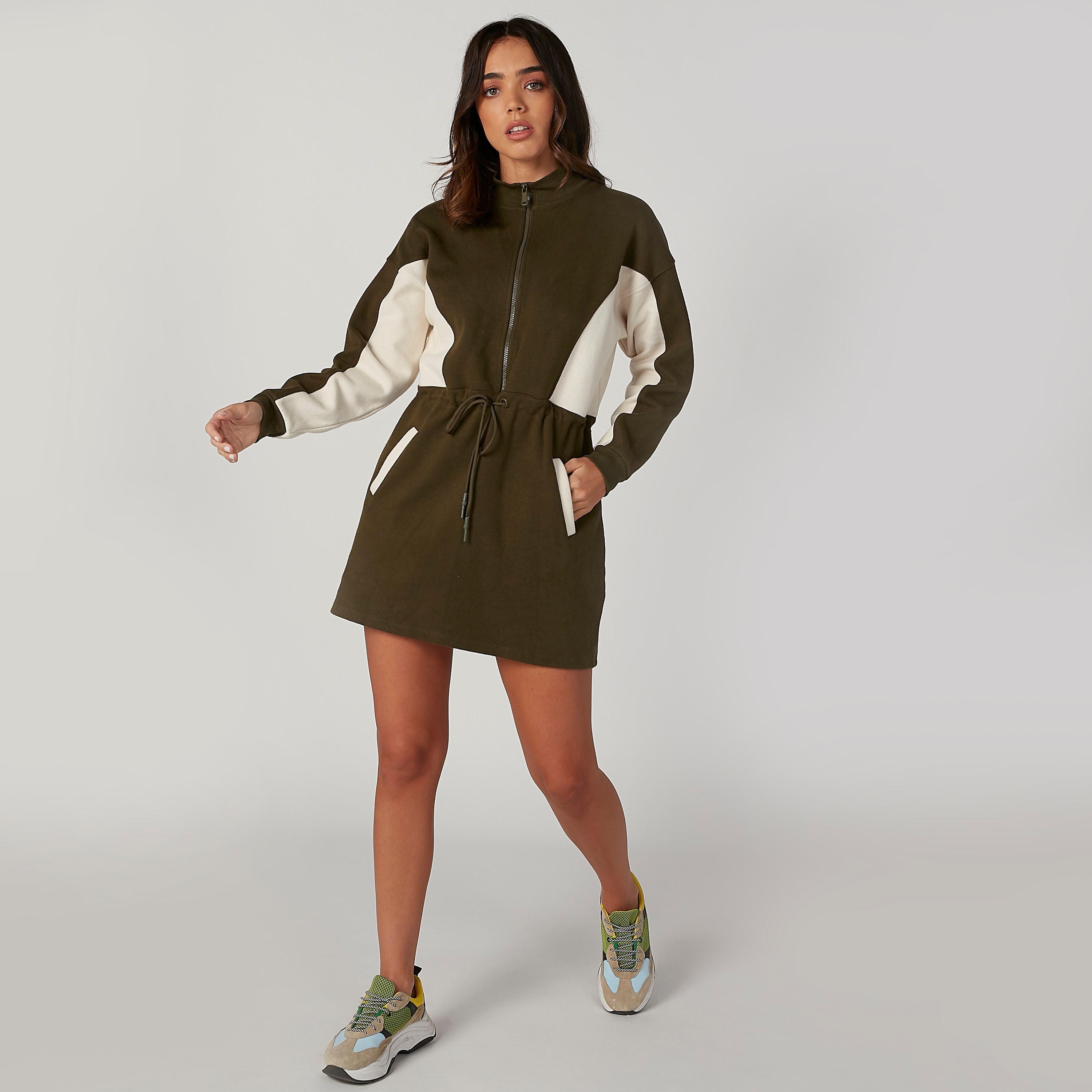 فستان سويت شيرت طويل سادة بياقة عالية وأكمام طويلة-women-clothing-dresses-image-1
