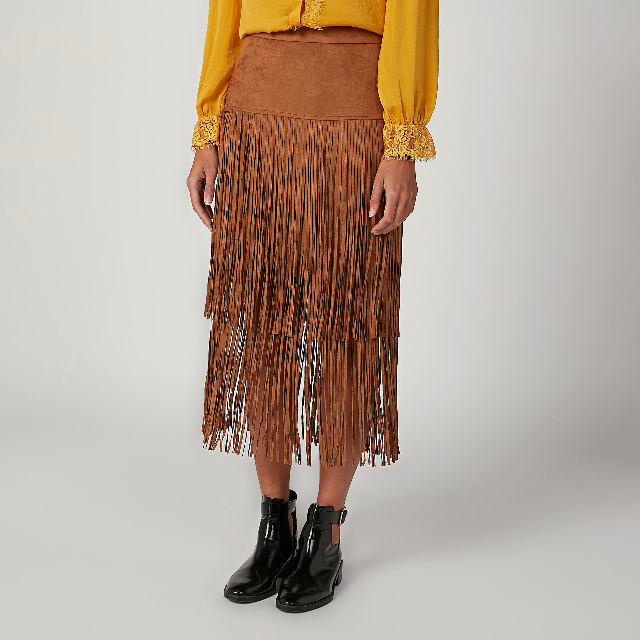 تنورة ميدي سادة بخصر مطّاطي وشراشيب-women-clothing-bottoms-skirts-image-1