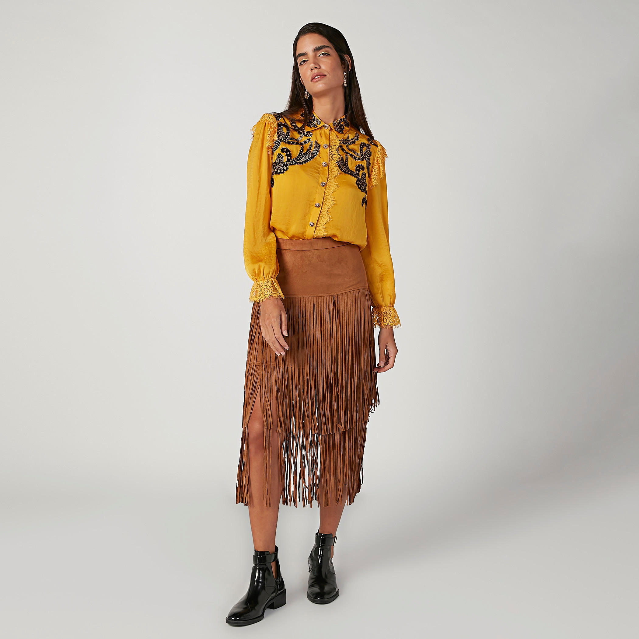 تنورة ميدي سادة بخصر مطّاطي وشراشيب-women-clothing-bottoms-skirts-image-2
