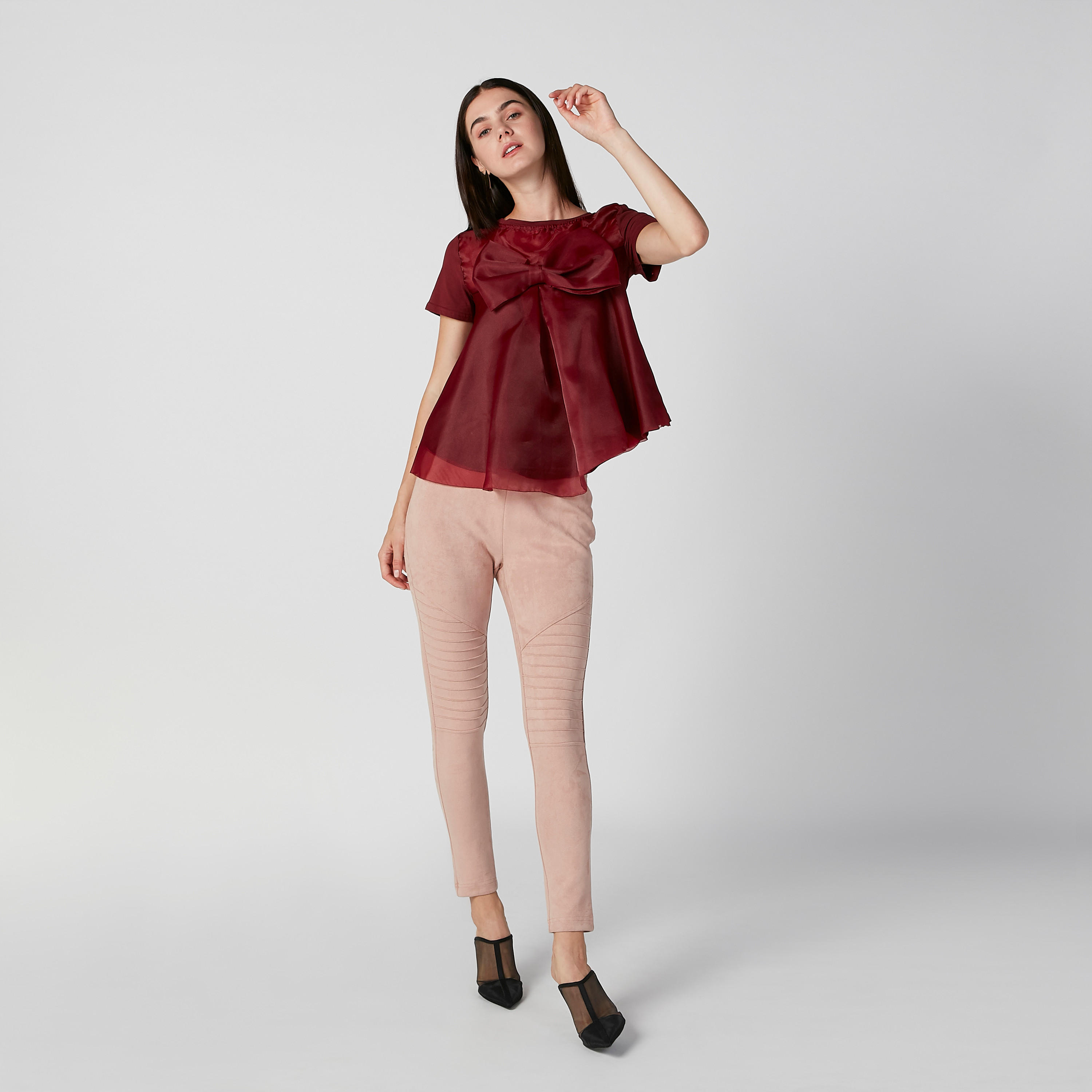 بنطلون تريجنز بارز الملمس بخصر مطاطي متوسط الارتفاع-women-clothing-bottoms-leggings-image-2
