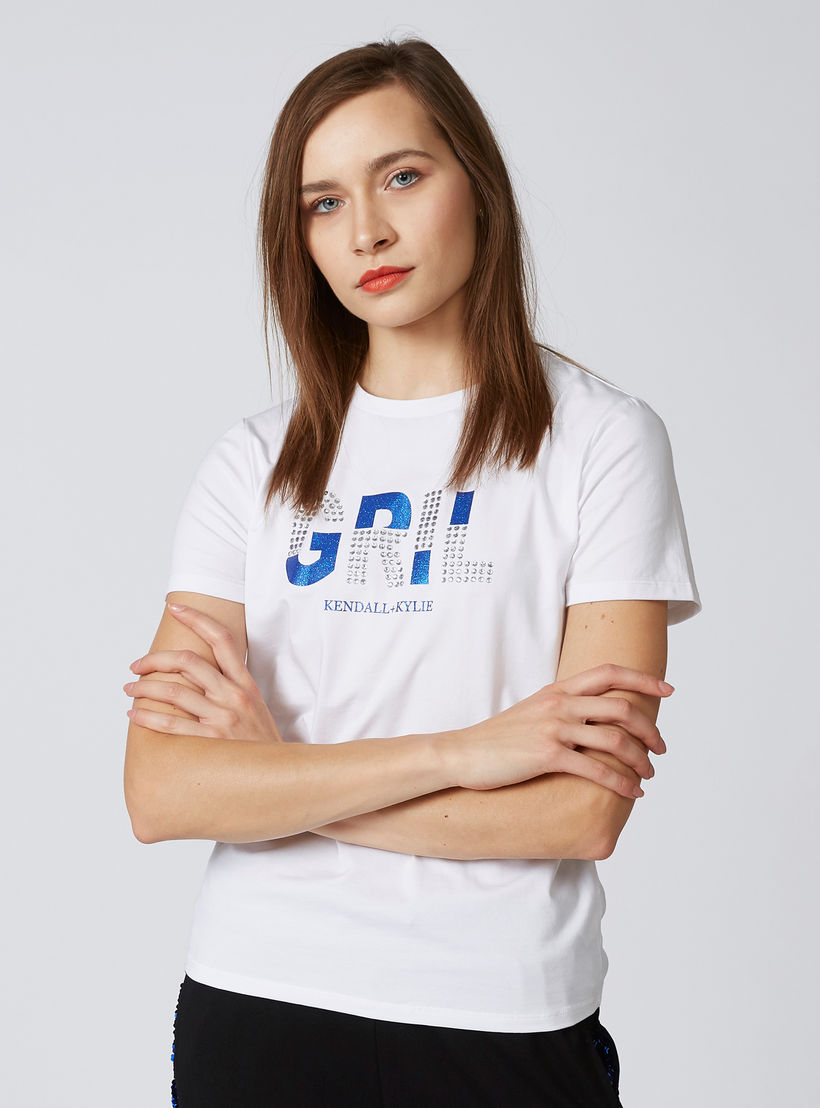 Embellished Round Neck T-shirt with Short Sleeves-women-clothing-tshirts-image-1