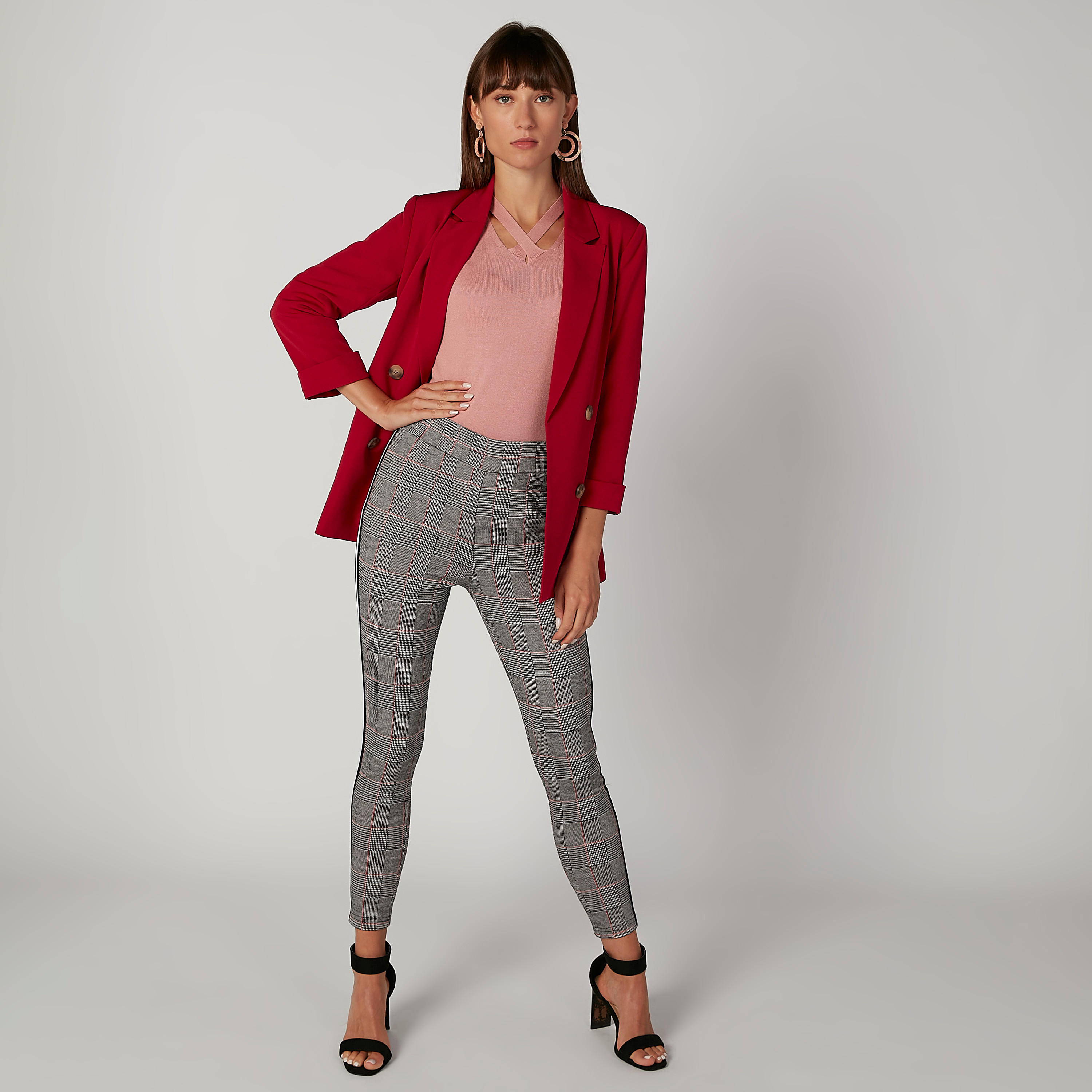 بنطلون بونتي سكيني كاروهات بخصر متوسط الارتفاع وشريطة-women-clothing-bottoms-trousers-image-2