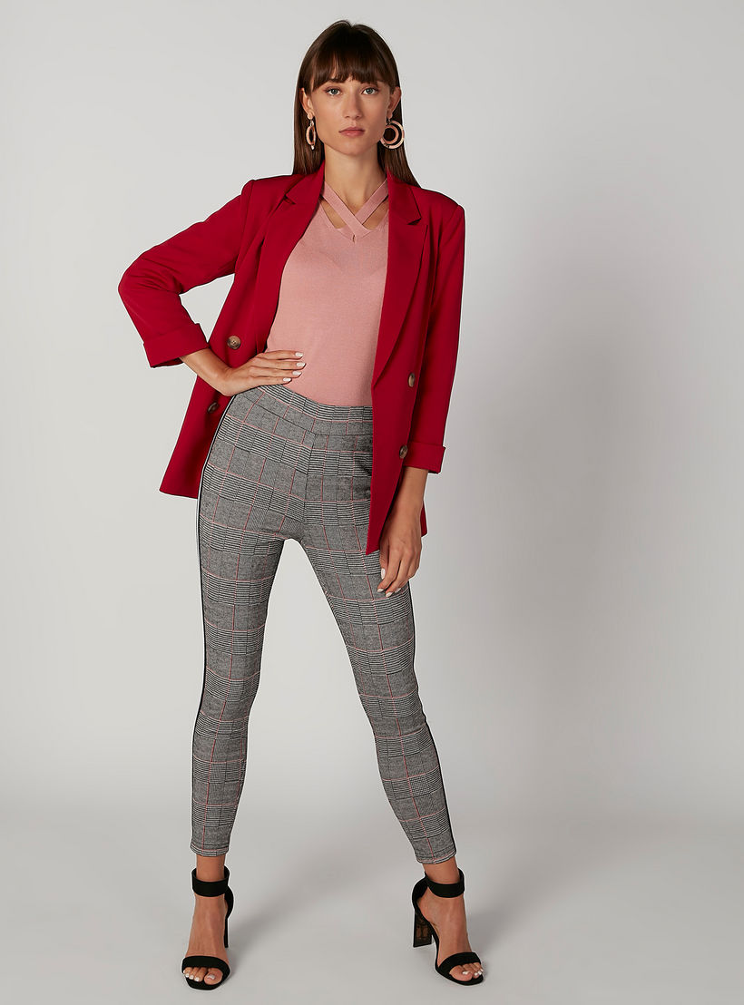 بنطلون بونتي سكيني كاروهات بخصر متوسط الارتفاع وشريطة-women-clothing-bottoms-trousers-image-2