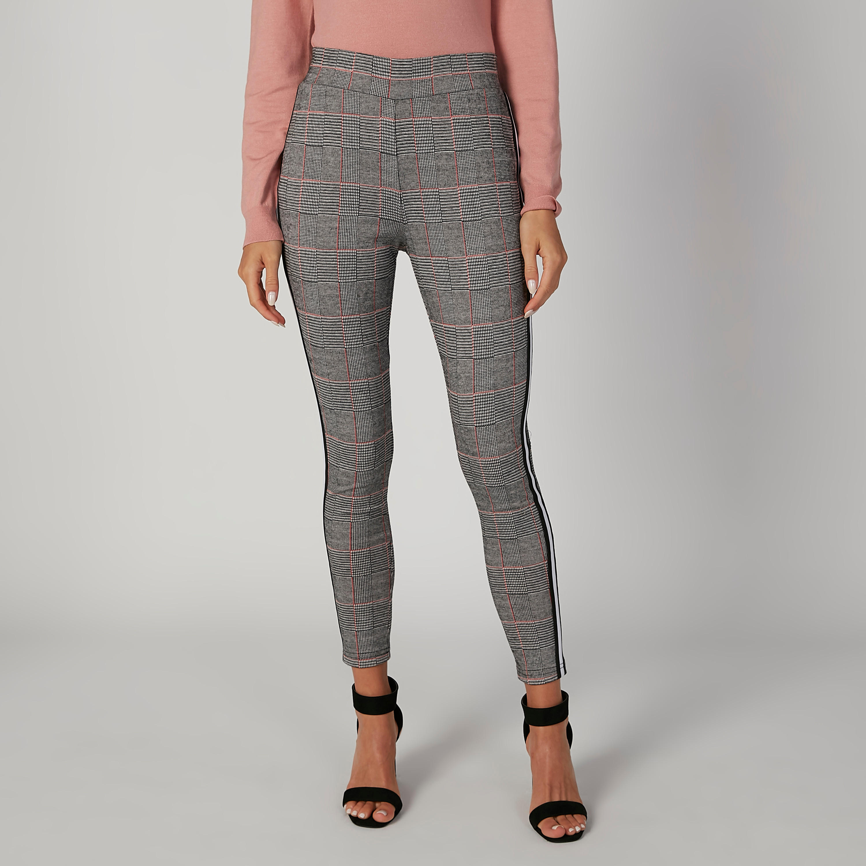 بنطلون بونتي سكيني كاروهات بخصر متوسط الارتفاع وشريطة-women-clothing-bottoms-trousers-image-4