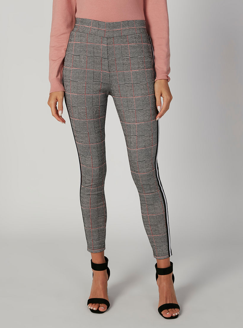 بنطلون بونتي سكيني كاروهات بخصر متوسط الارتفاع وشريطة-women-clothing-bottoms-trousers-image-4
