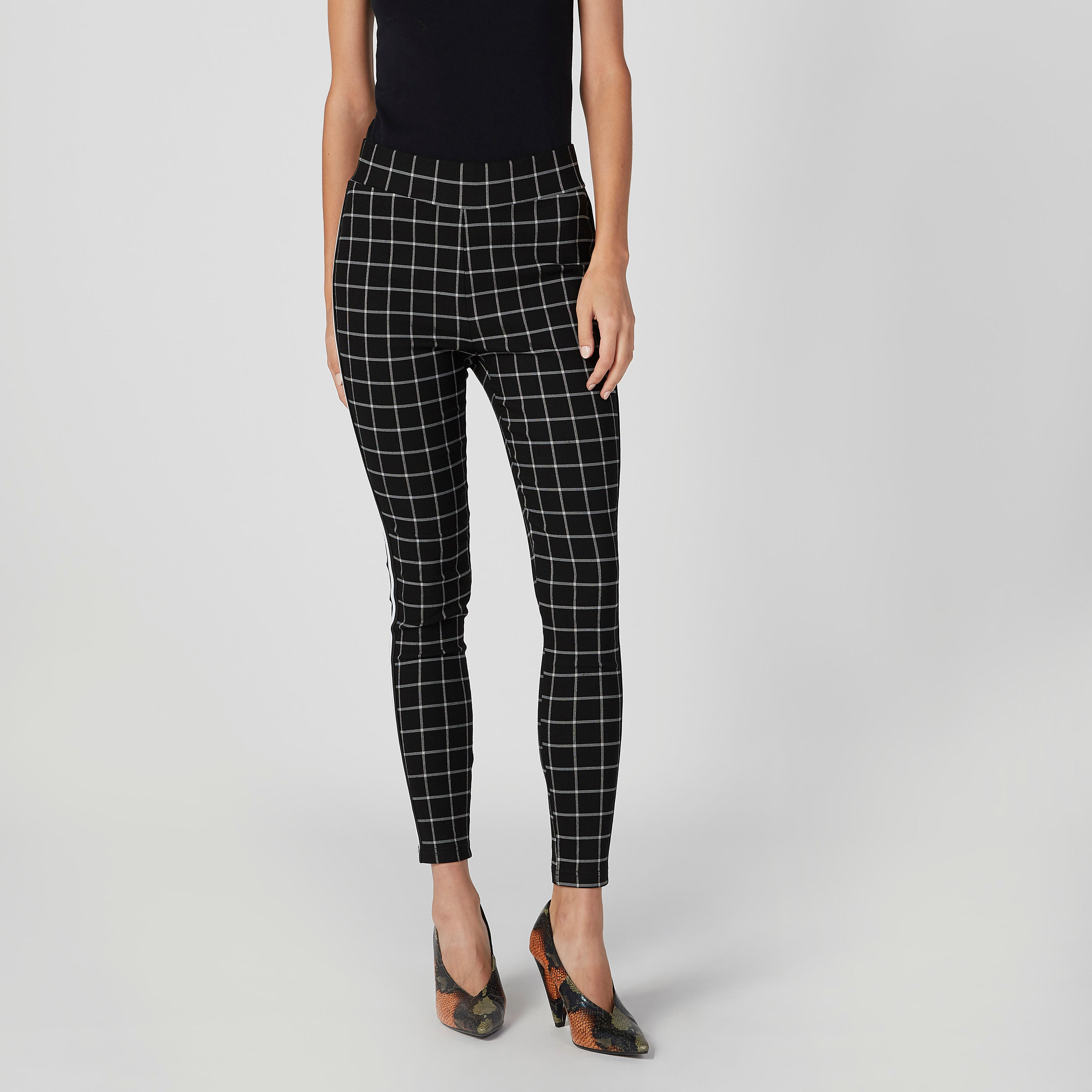 بنطلون بونتي سكيني كاروهات بخصر مطّاطي متوسط الارتفاع-women-clothing-bottoms-trousers-image-1