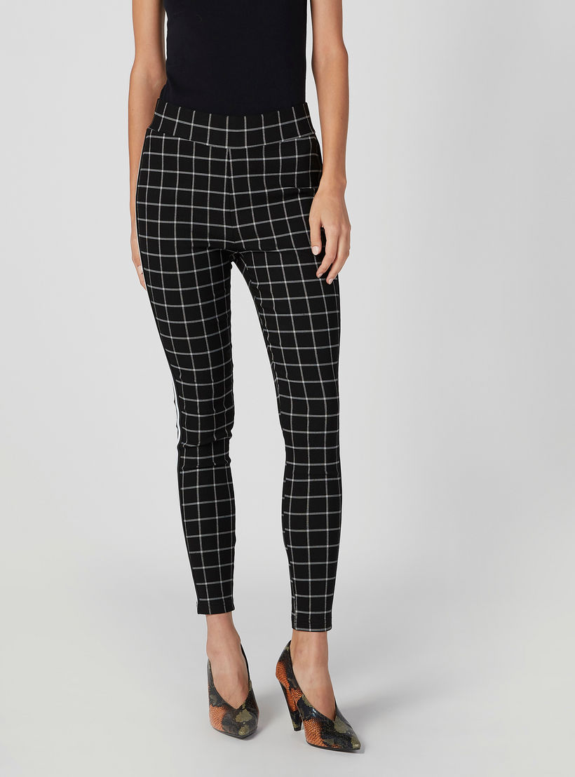 بنطلون بونتي سكيني كاروهات بخصر مطّاطي متوسط الارتفاع-women-clothing-bottoms-trousers-image-1