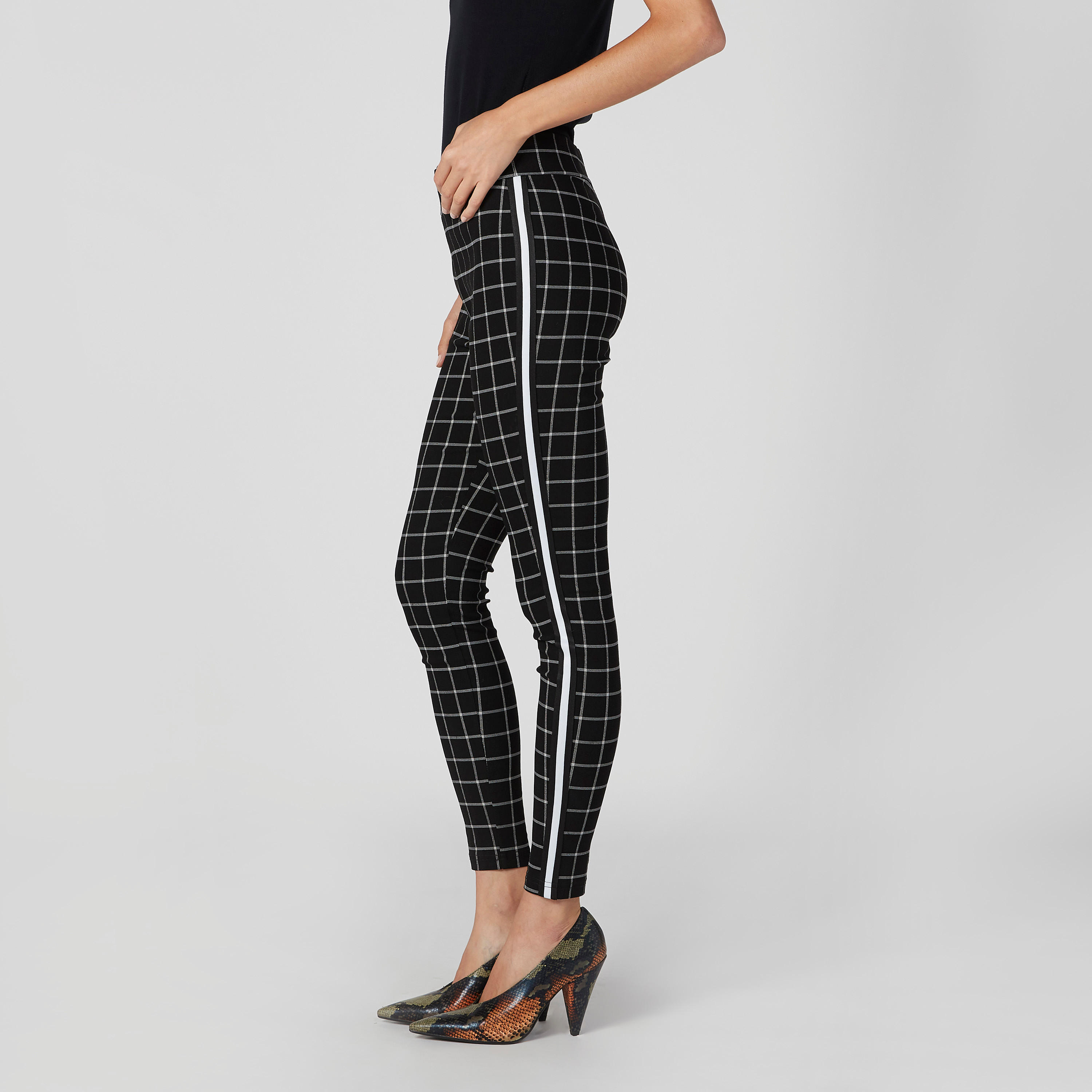 بنطلون بونتي سكيني كاروهات بخصر مطّاطي متوسط الارتفاع-women-clothing-bottoms-trousers-image-3