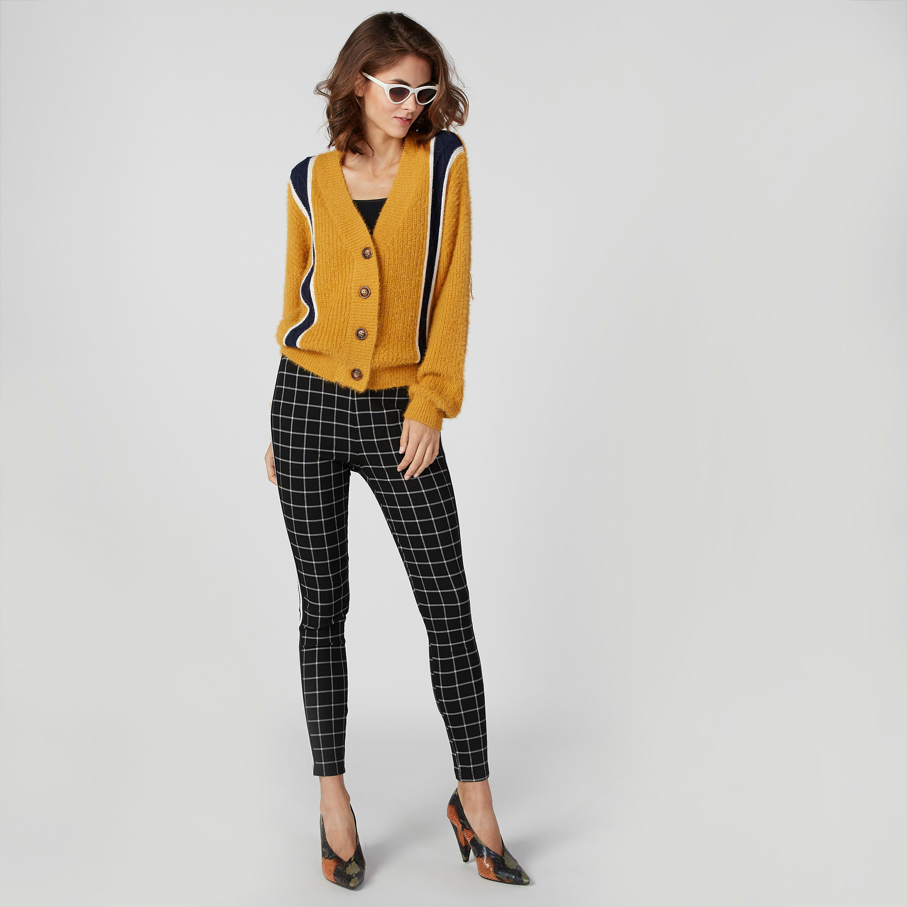 بنطلون بونتي سكيني كاروهات بخصر مطّاطي متوسط الارتفاع-women-clothing-bottoms-trousers-image-4