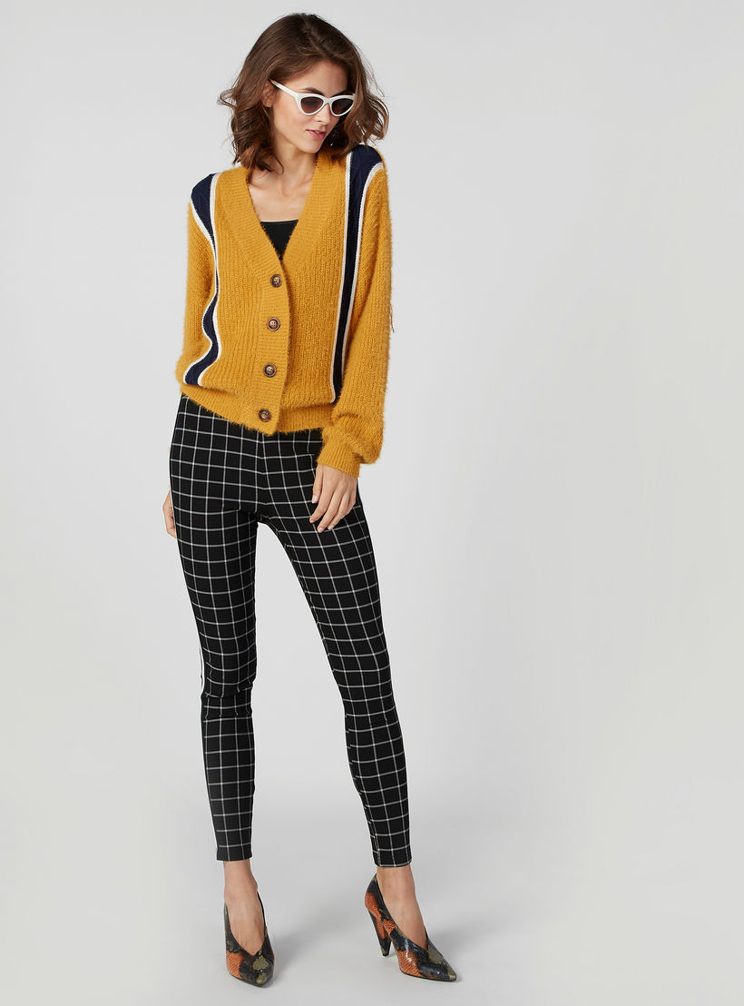 بنطلون بونتي سكيني كاروهات بخصر مطّاطي متوسط الارتفاع-women-clothing-bottoms-trousers-image-4