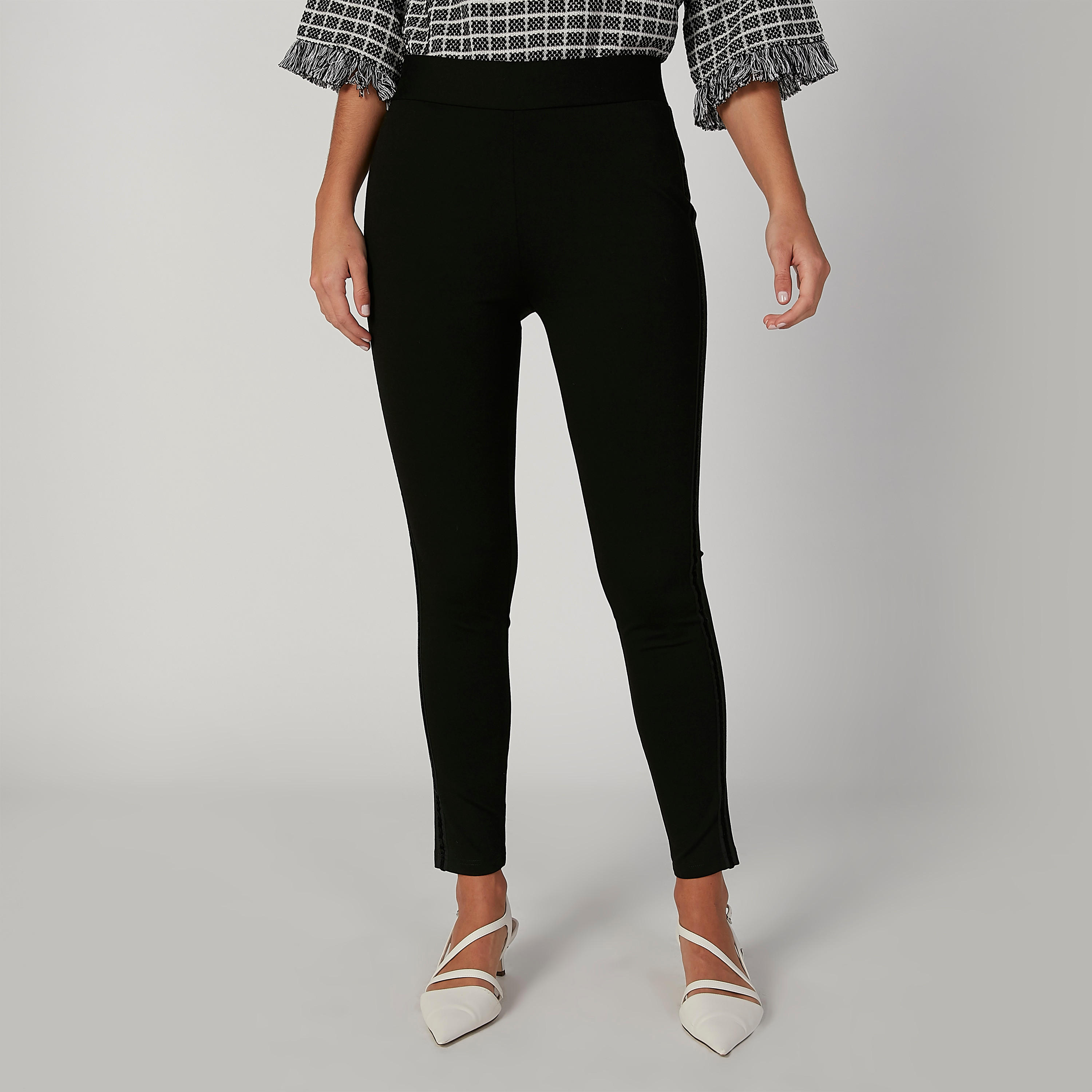 بنطلون بونتي سكيني سادة بخصر مطّاطي متوسط الارتفاع-women-clothing-bottoms-trousers-image-1