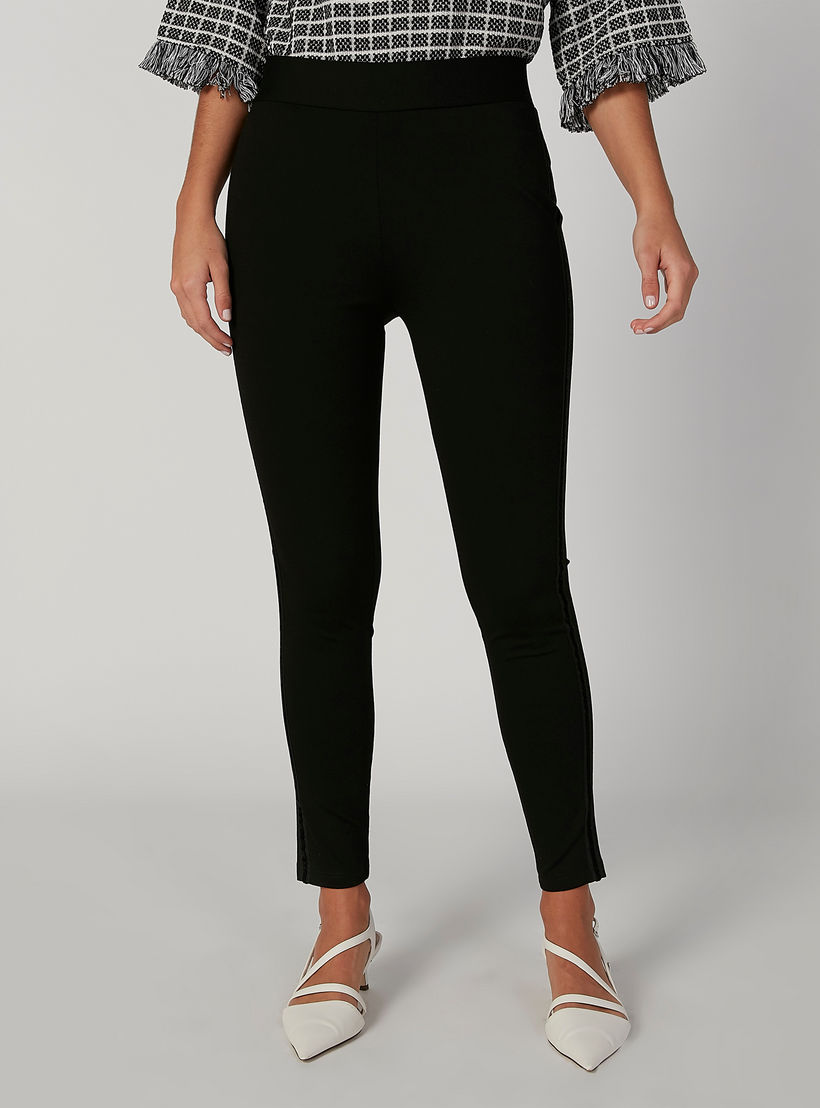 بنطلون بونتي سكيني سادة بخصر مطّاطي متوسط الارتفاع-women-clothing-bottoms-trousers-image-1
