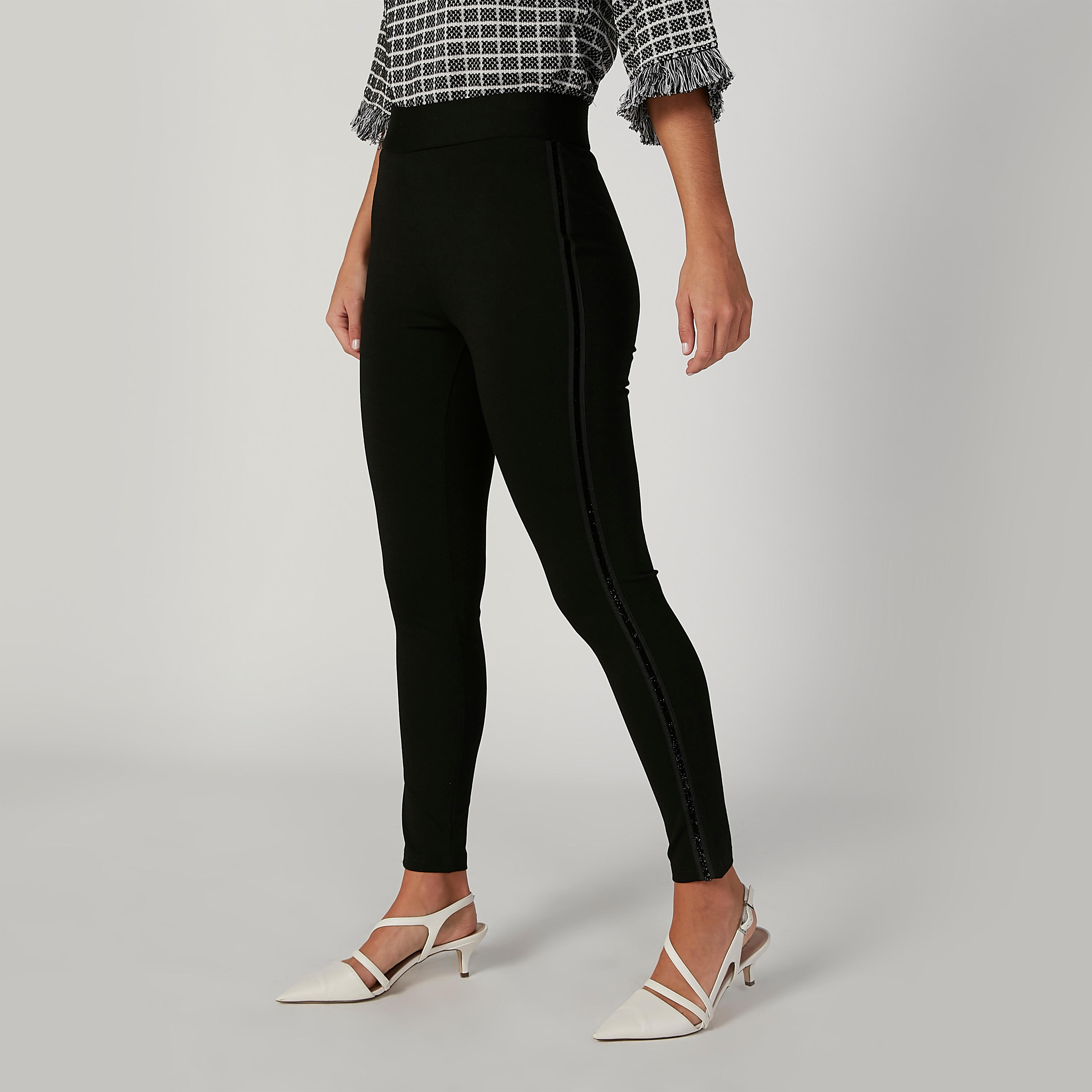 بنطلون بونتي سكيني سادة بخصر مطّاطي متوسط الارتفاع-women-clothing-bottoms-trousers-image-3