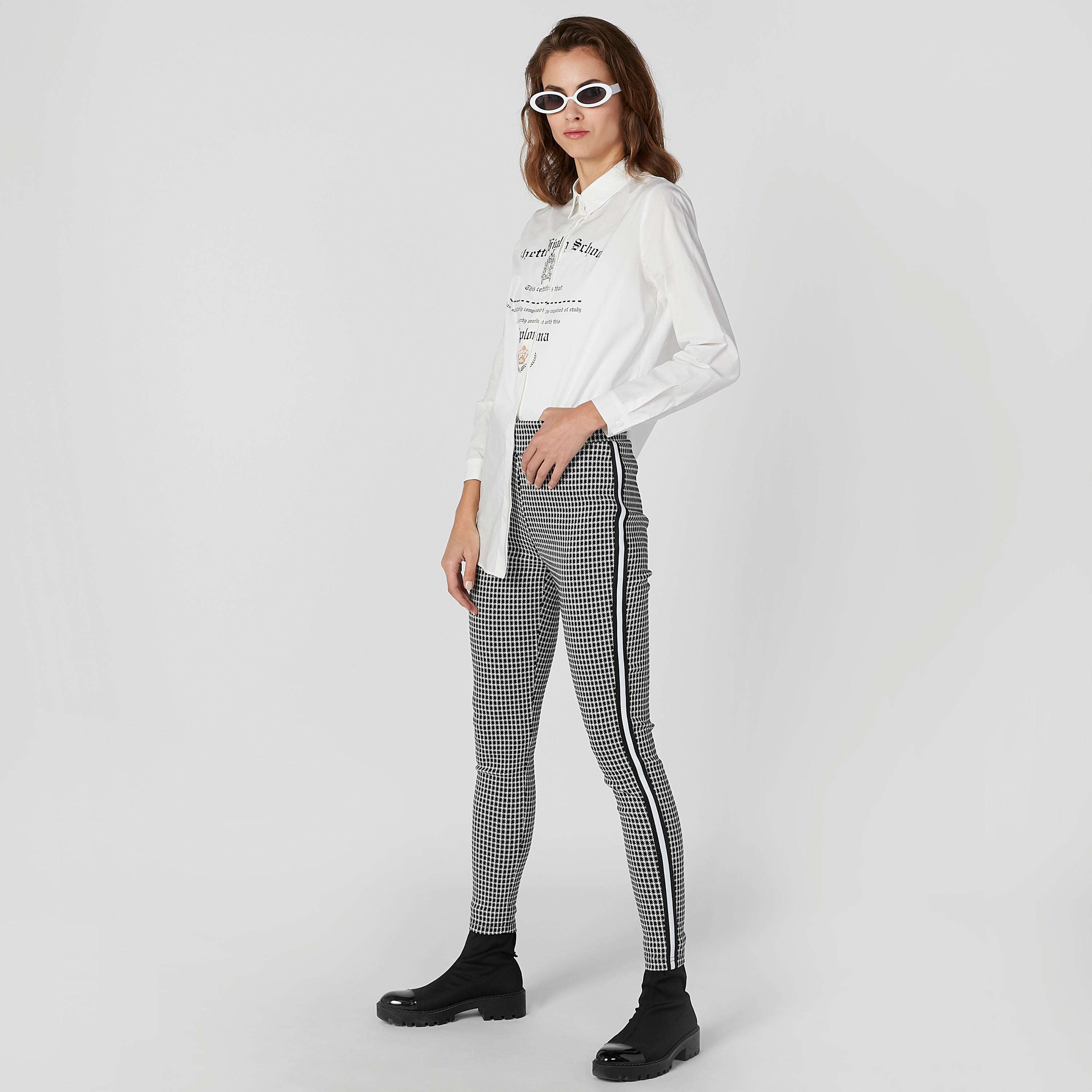 بنطلون بونتي سكيني كاروهات بخصر مطّاطي متوسط الارتفاع-women-clothing-bottoms-trousers-image-2