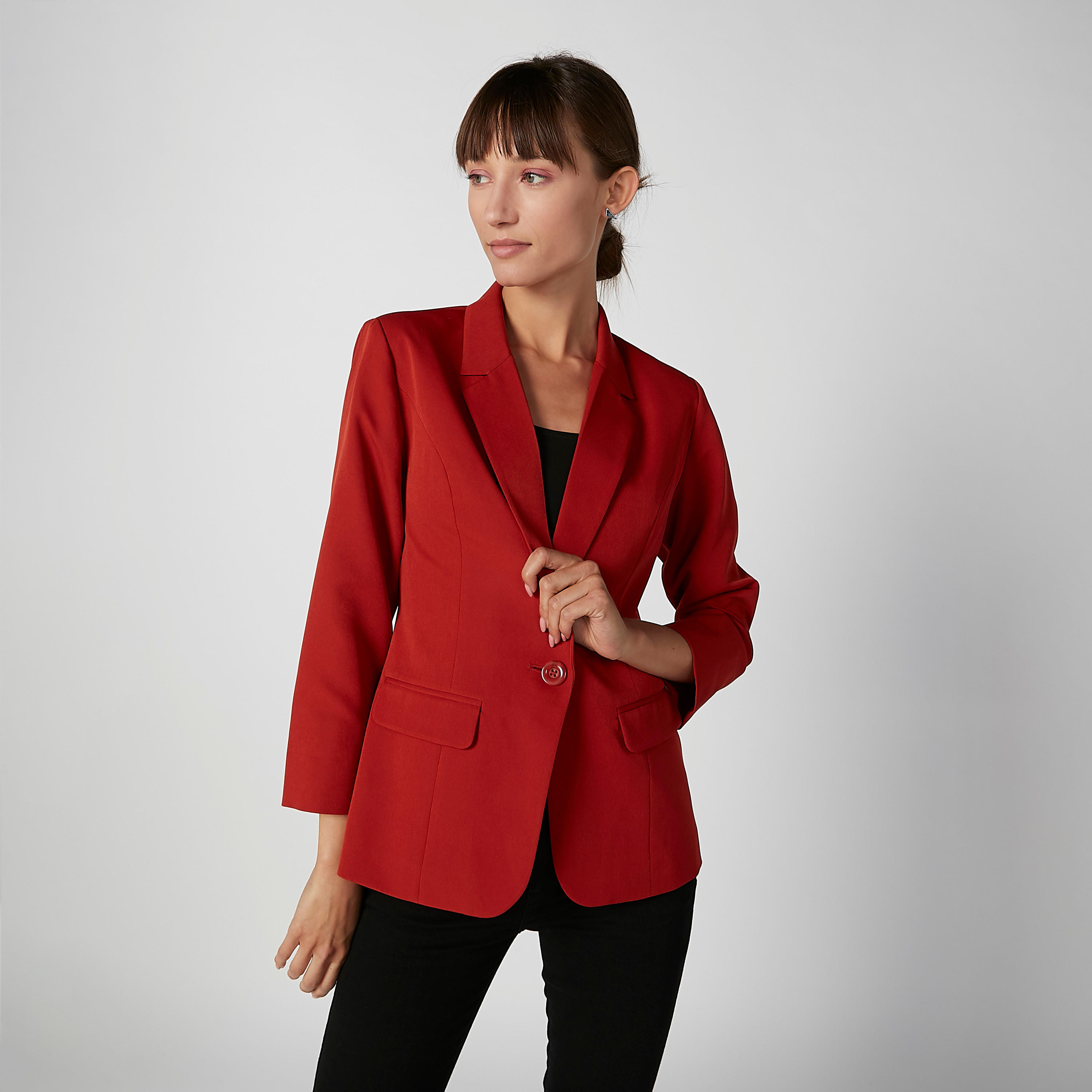 Plain Blazer with Notched Lapel and Flap Pockets-women-clothing-coatsandjackets-blazers-image-1