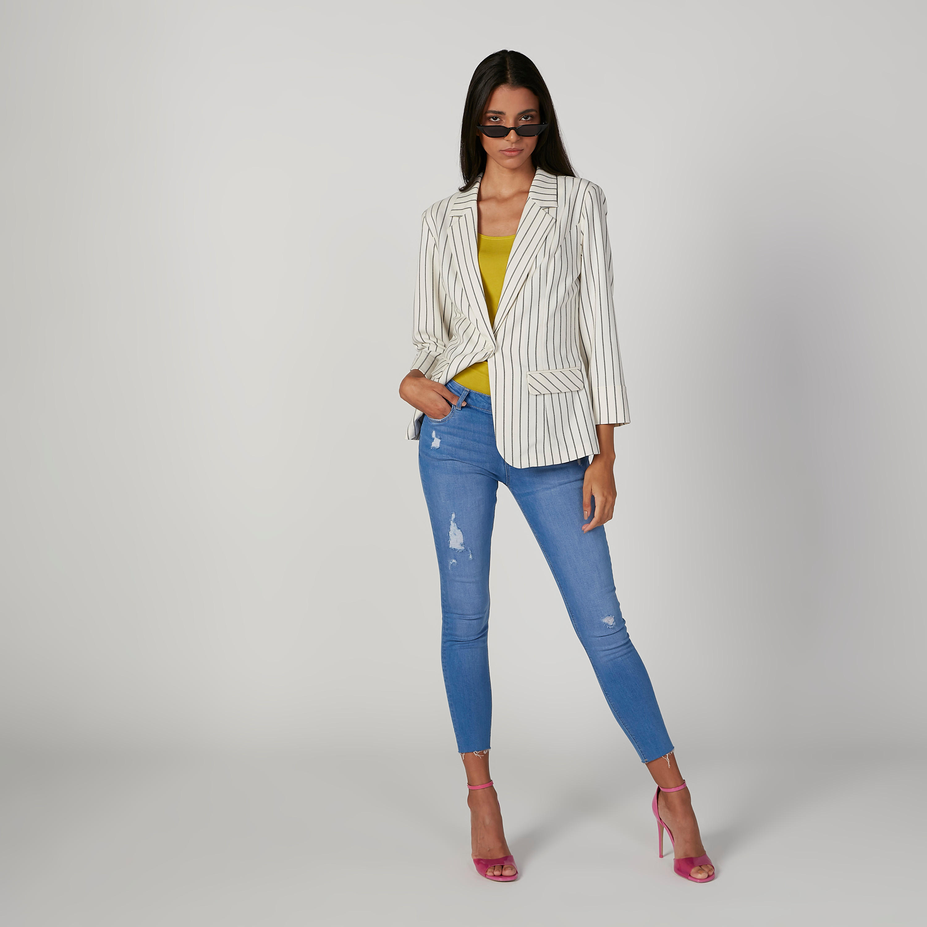 Striped Blazer with Notched Lapel and Flap Pockets-women-clothing-coatsandjackets-blazers-image-1