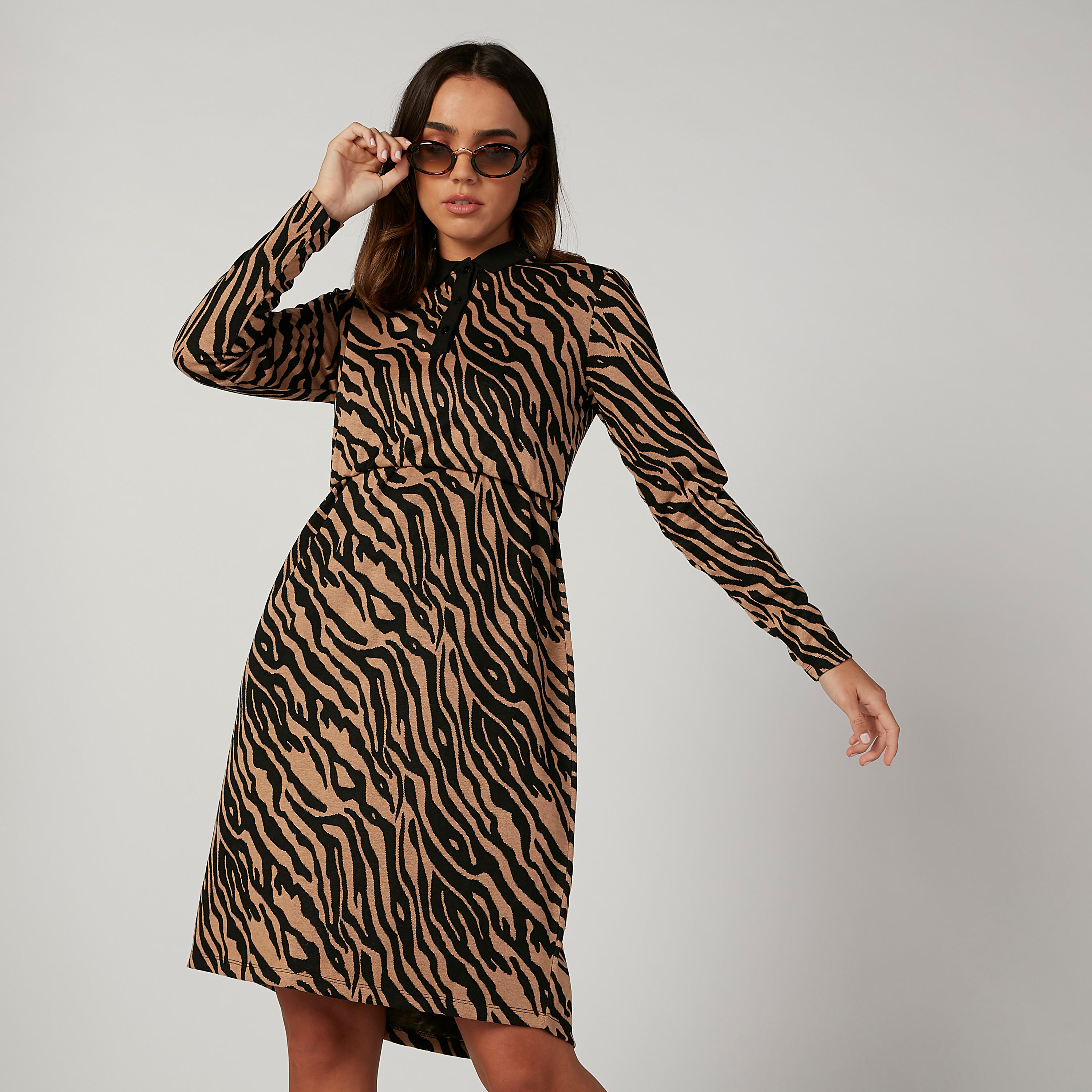 Animal Printed Midi A-line Dress with Long Sleeves-women-clothing-dresses-image-4