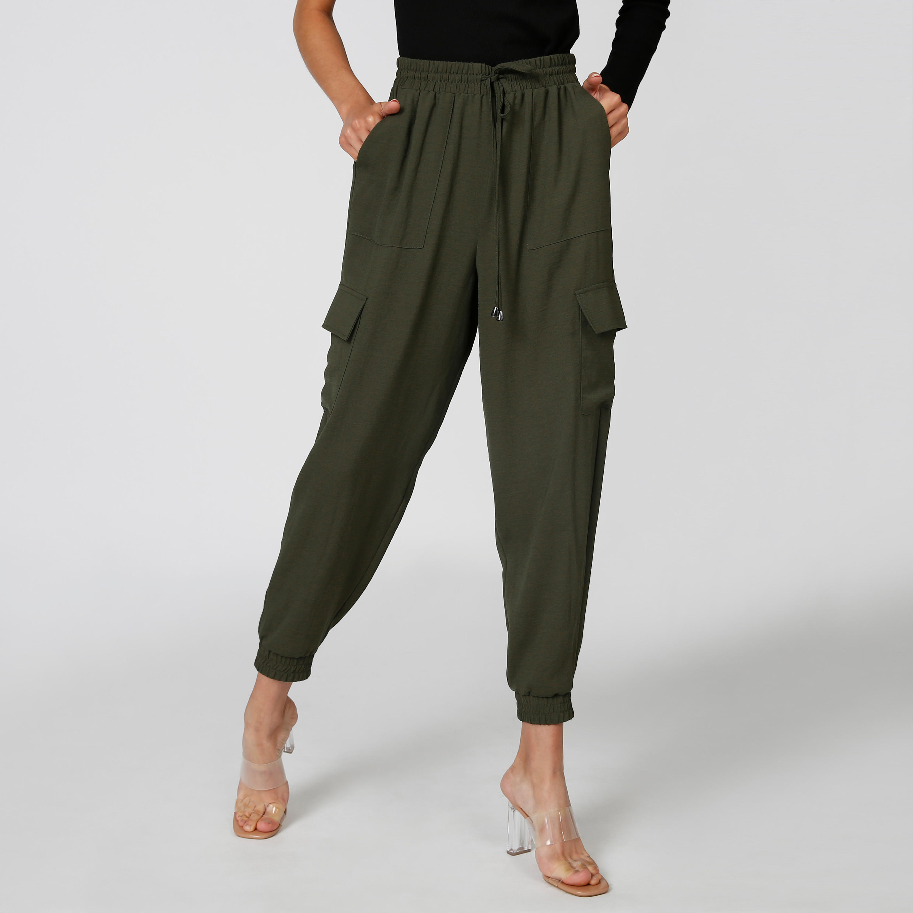 Full Length Mid Waist Plain Jog Pants with Pockets and Drawstring-women-clothing-bottoms-trousers-image-1