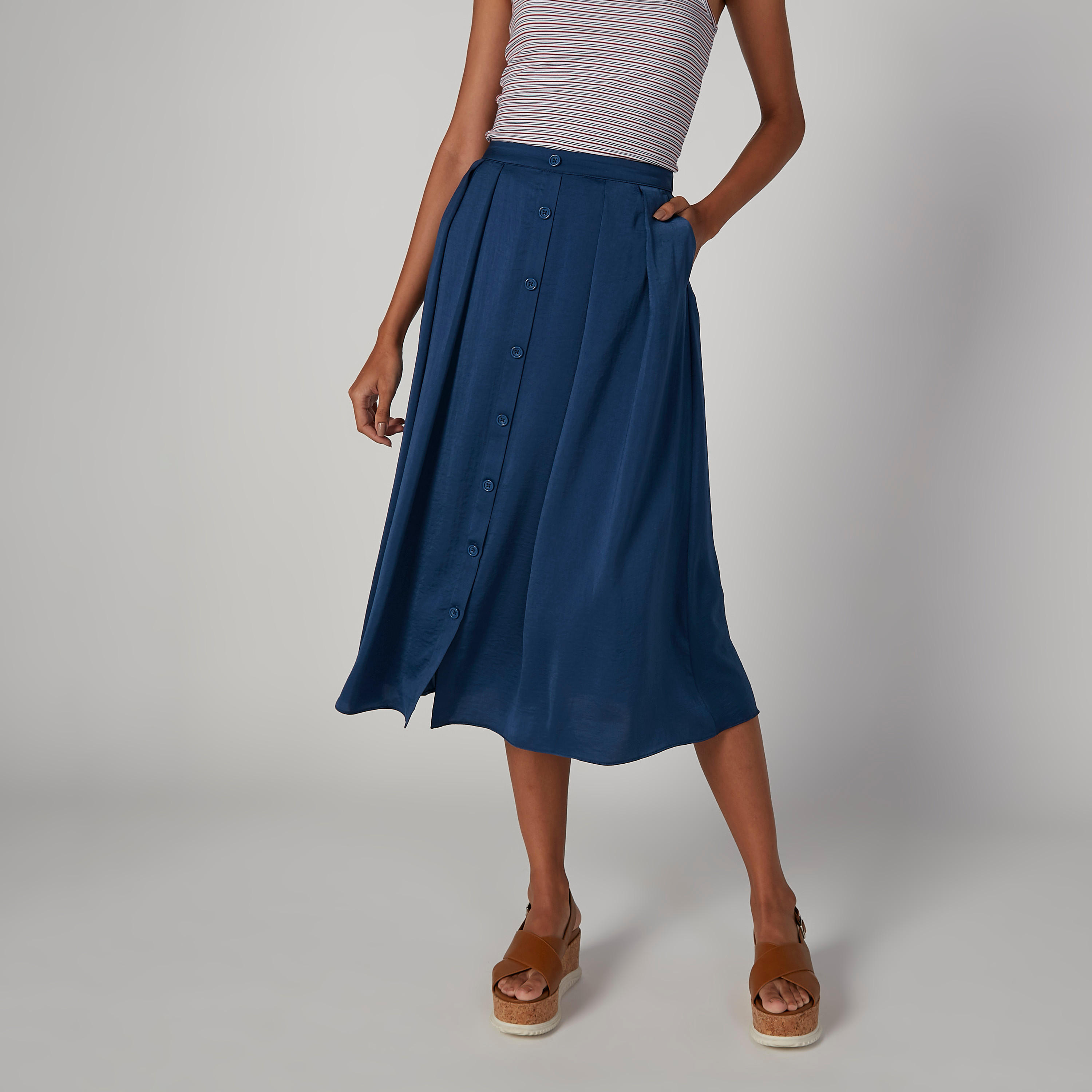 تنورة ميدي إيه لاين سادة بخصر مطّاطي وجيوب-women-clothing-bottoms-skirts-image-1