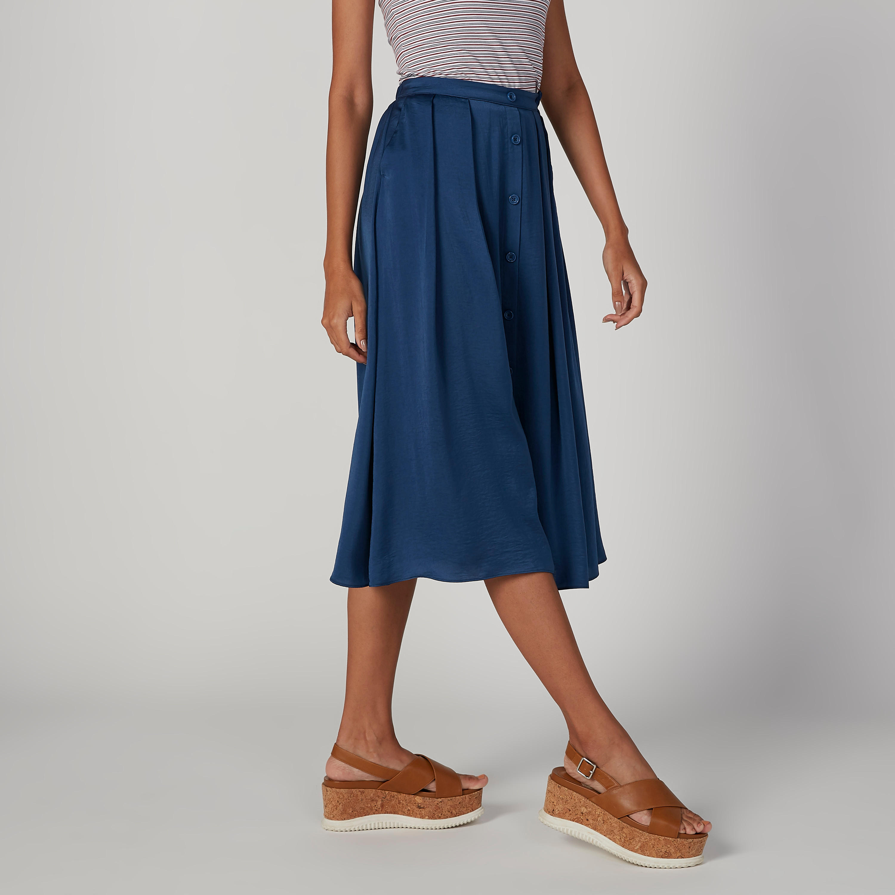 تنورة ميدي إيه لاين سادة بخصر مطّاطي وجيوب-women-clothing-bottoms-skirts-image-3