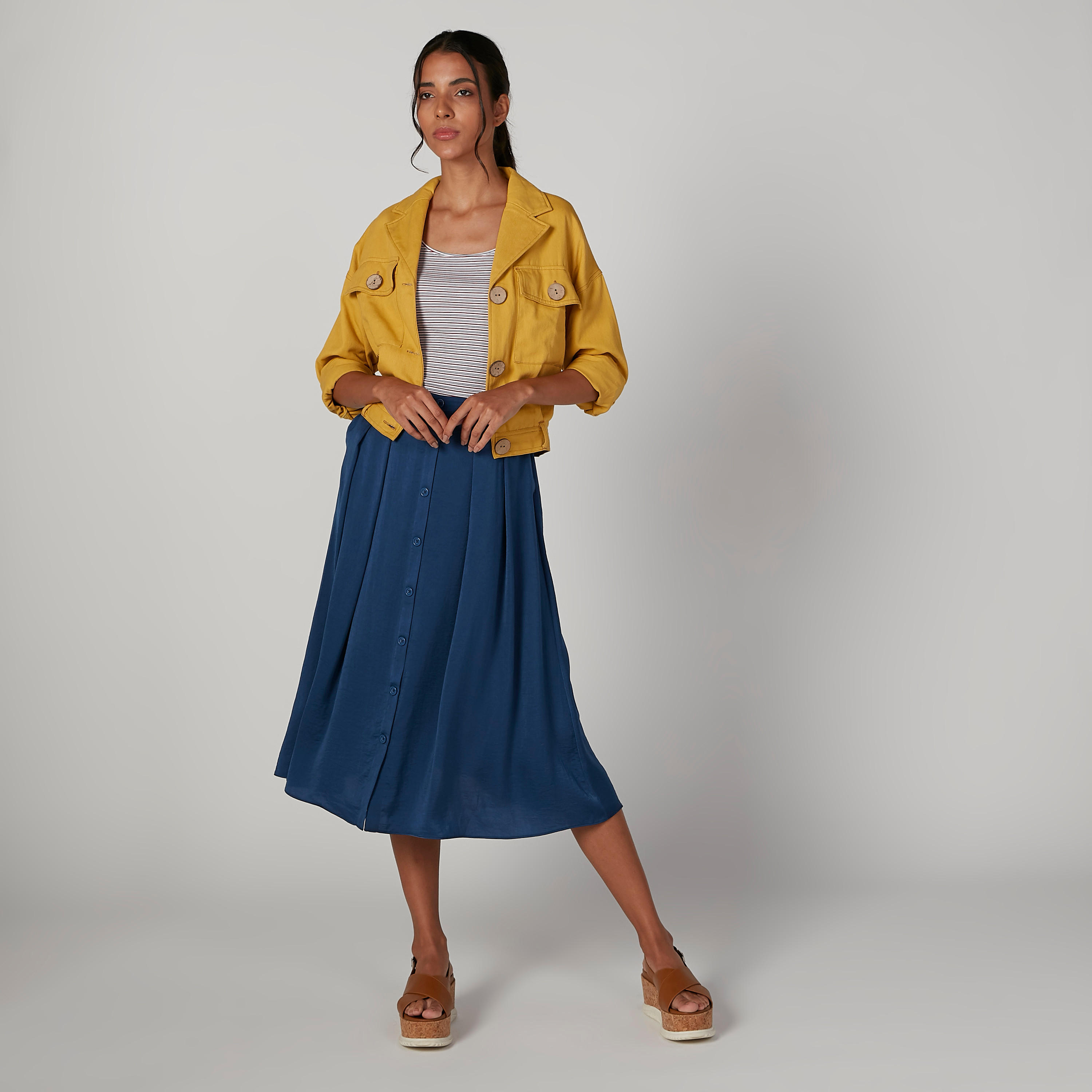 تنورة ميدي إيه لاين سادة بخصر مطّاطي وجيوب-women-clothing-bottoms-skirts-image-4