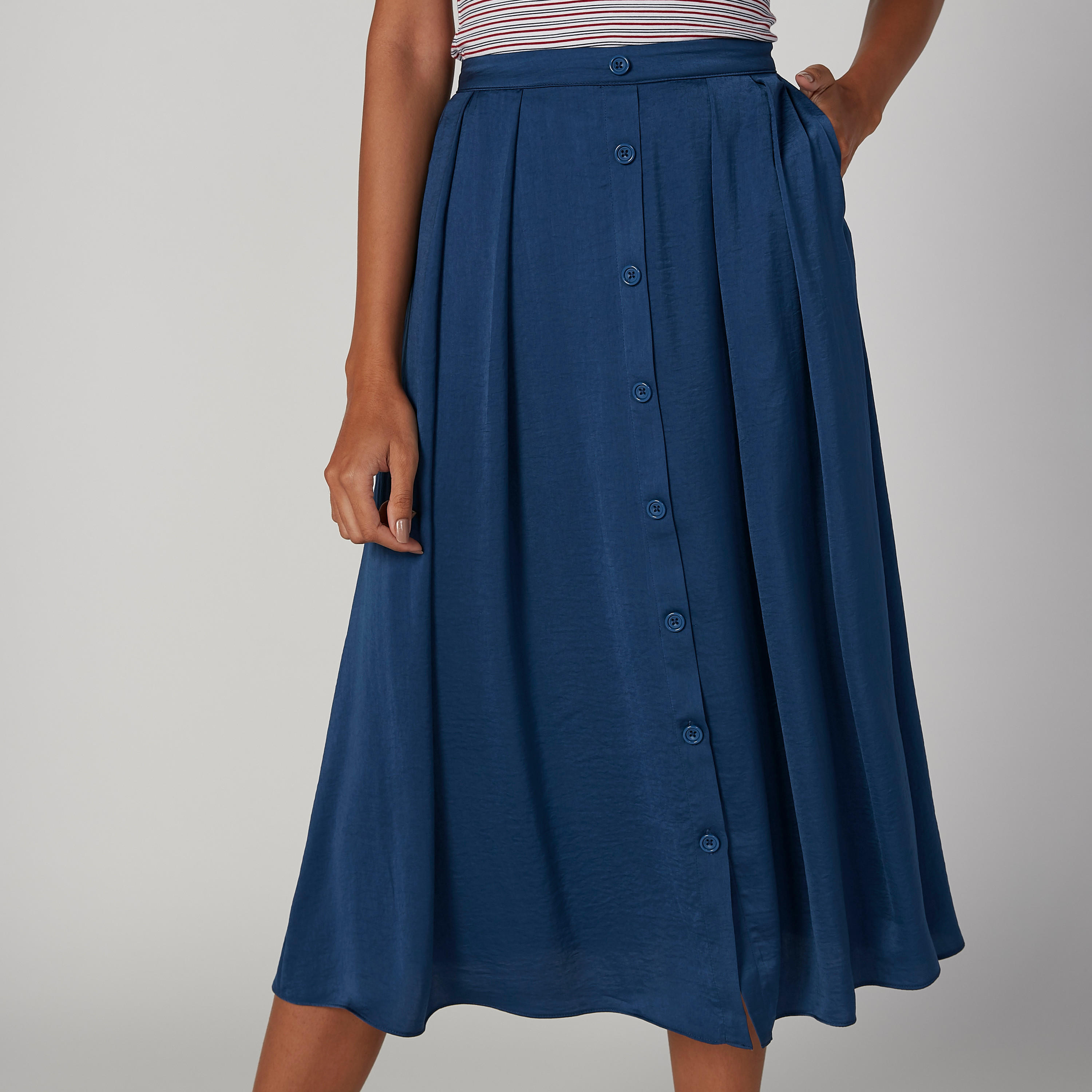 تنورة ميدي إيه لاين سادة بخصر مطّاطي وجيوب-women-clothing-bottoms-skirts-image-5