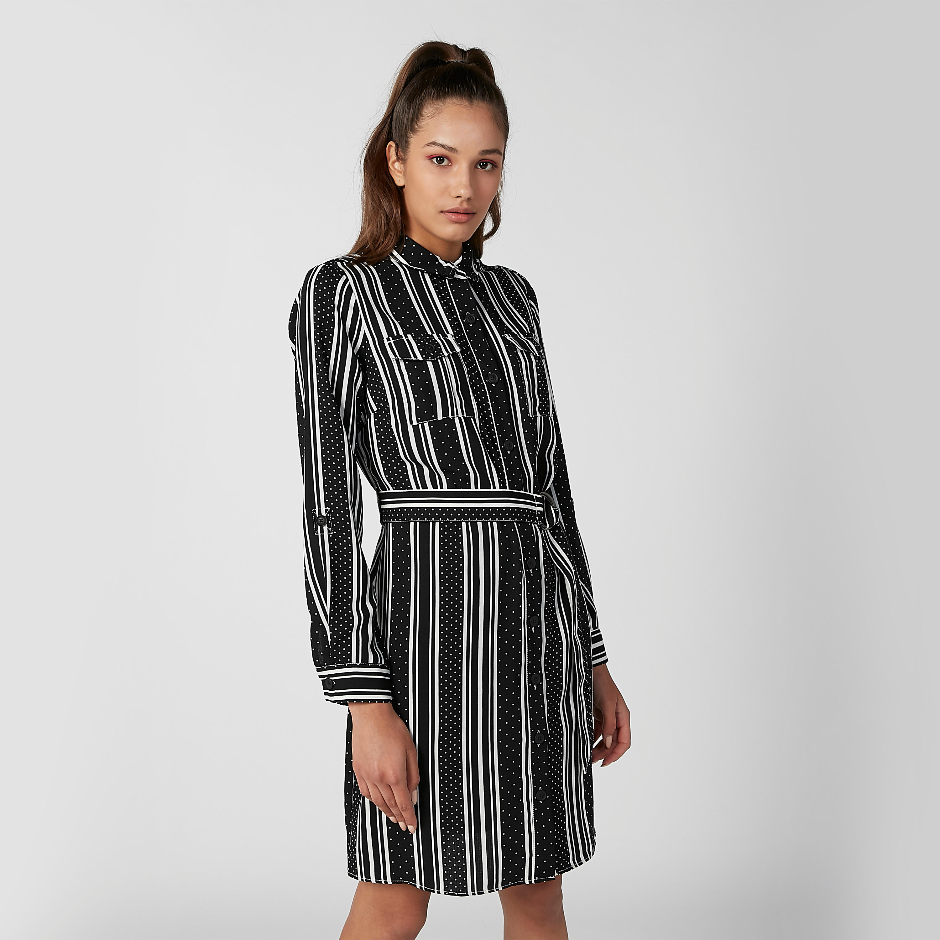 فستان قميص ميدي مقلّم بأكمام طويلة وأربطة-women-clothing-dresses-image-1
