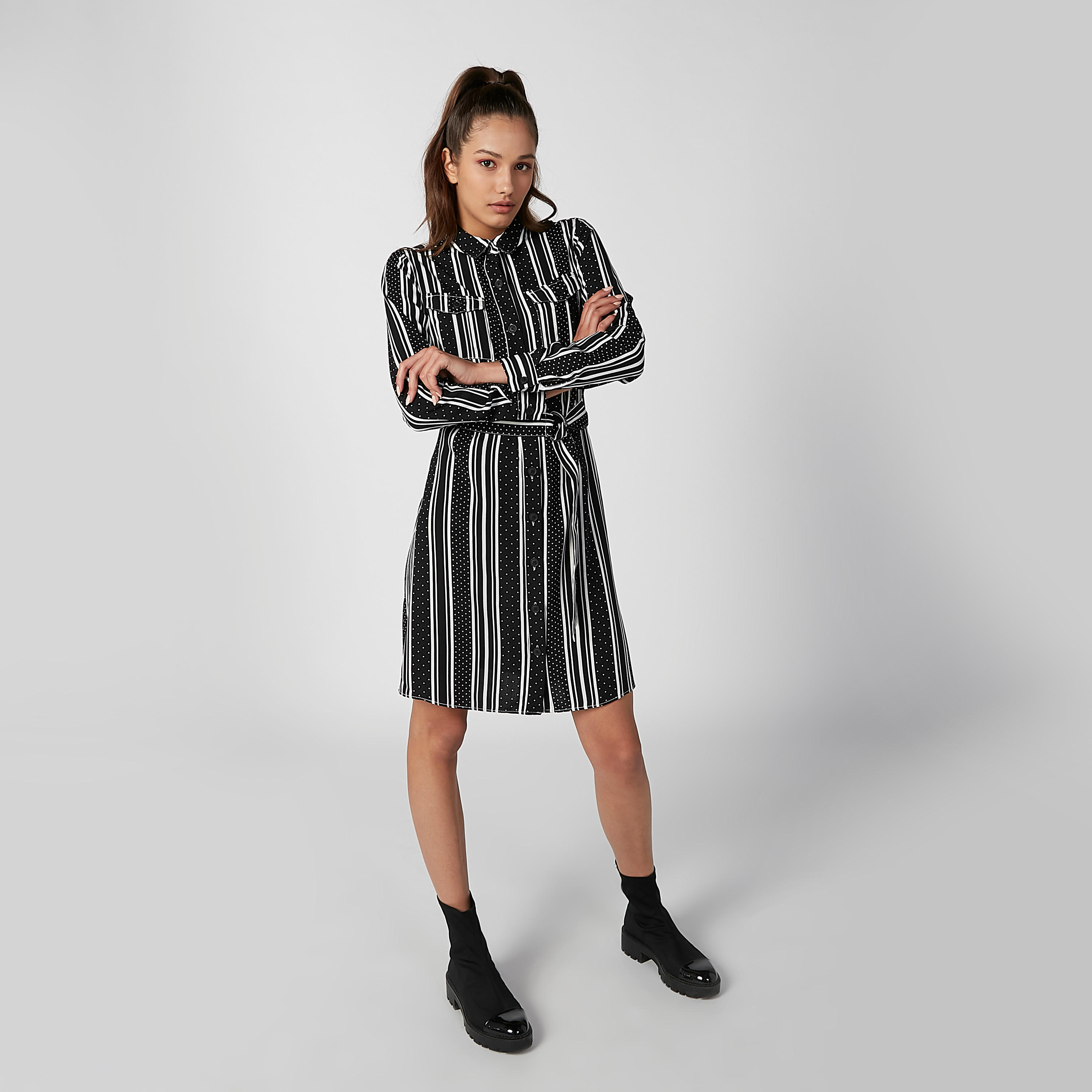 فستان قميص ميدي مقلّم بأكمام طويلة وأربطة-women-clothing-dresses-image-2