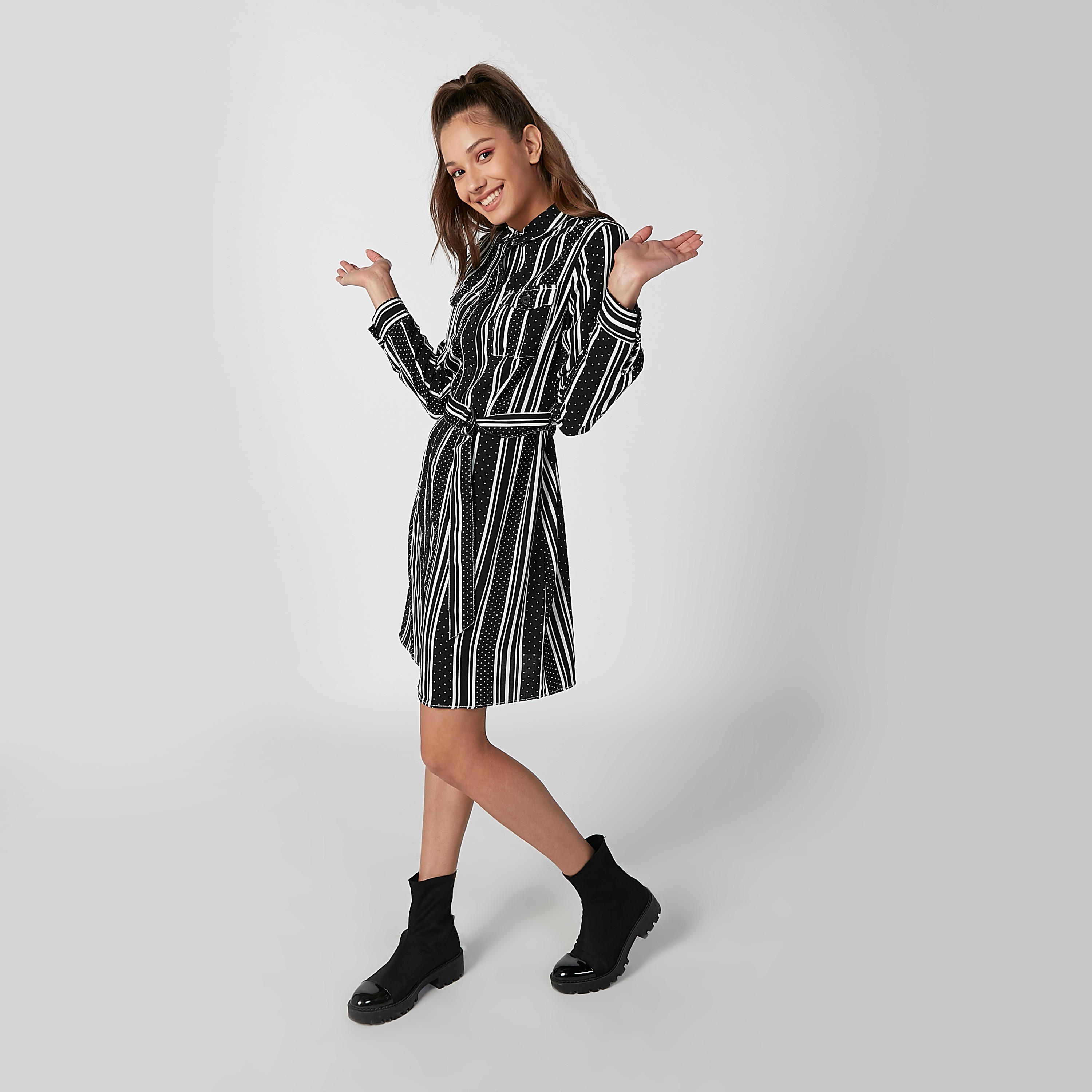 فستان قميص ميدي مقلّم بأكمام طويلة وأربطة-women-clothing-dresses-image-6