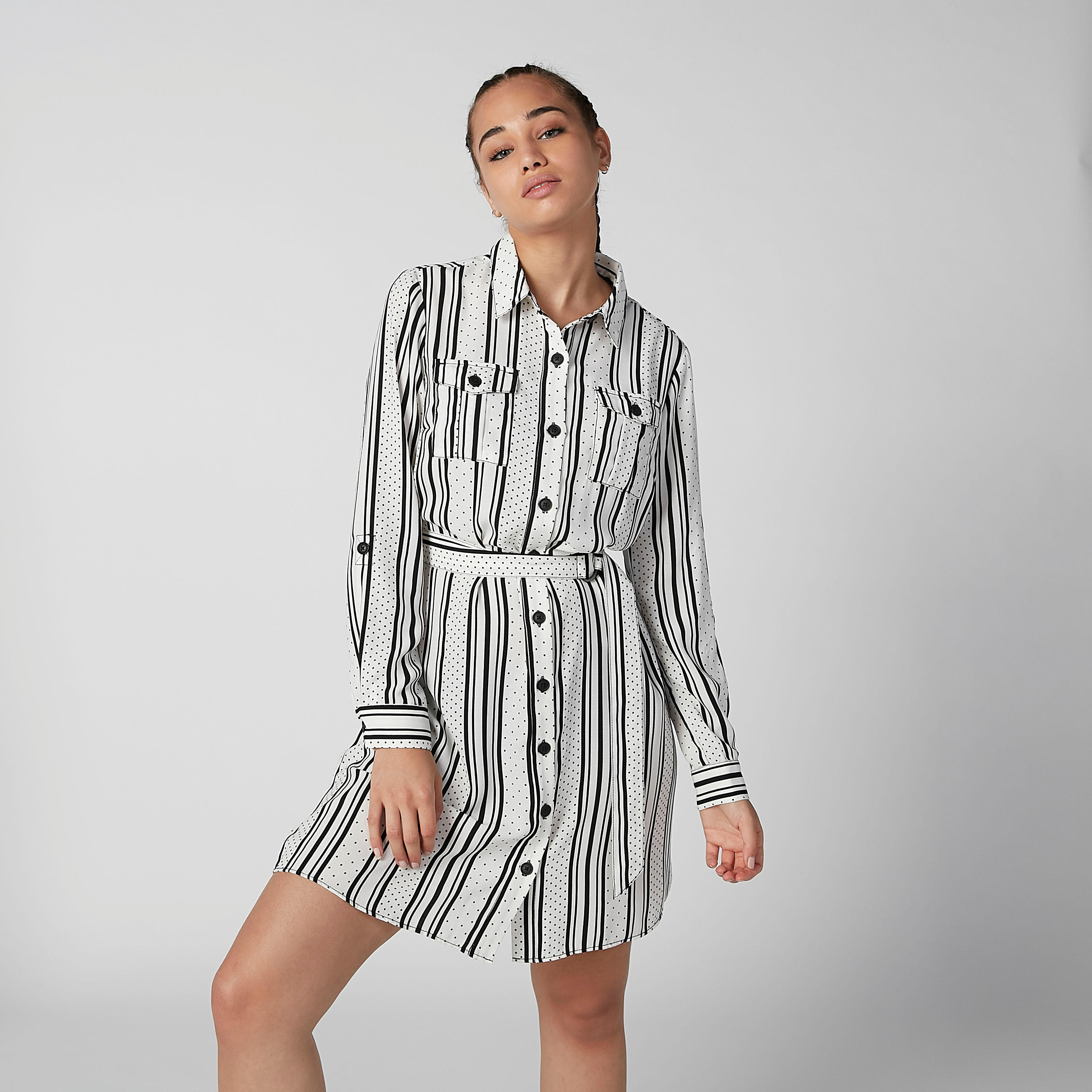 فستان قميص مقلّم بأكمام طويلة وحلقات للحزام-women-clothing-dresses-image-1