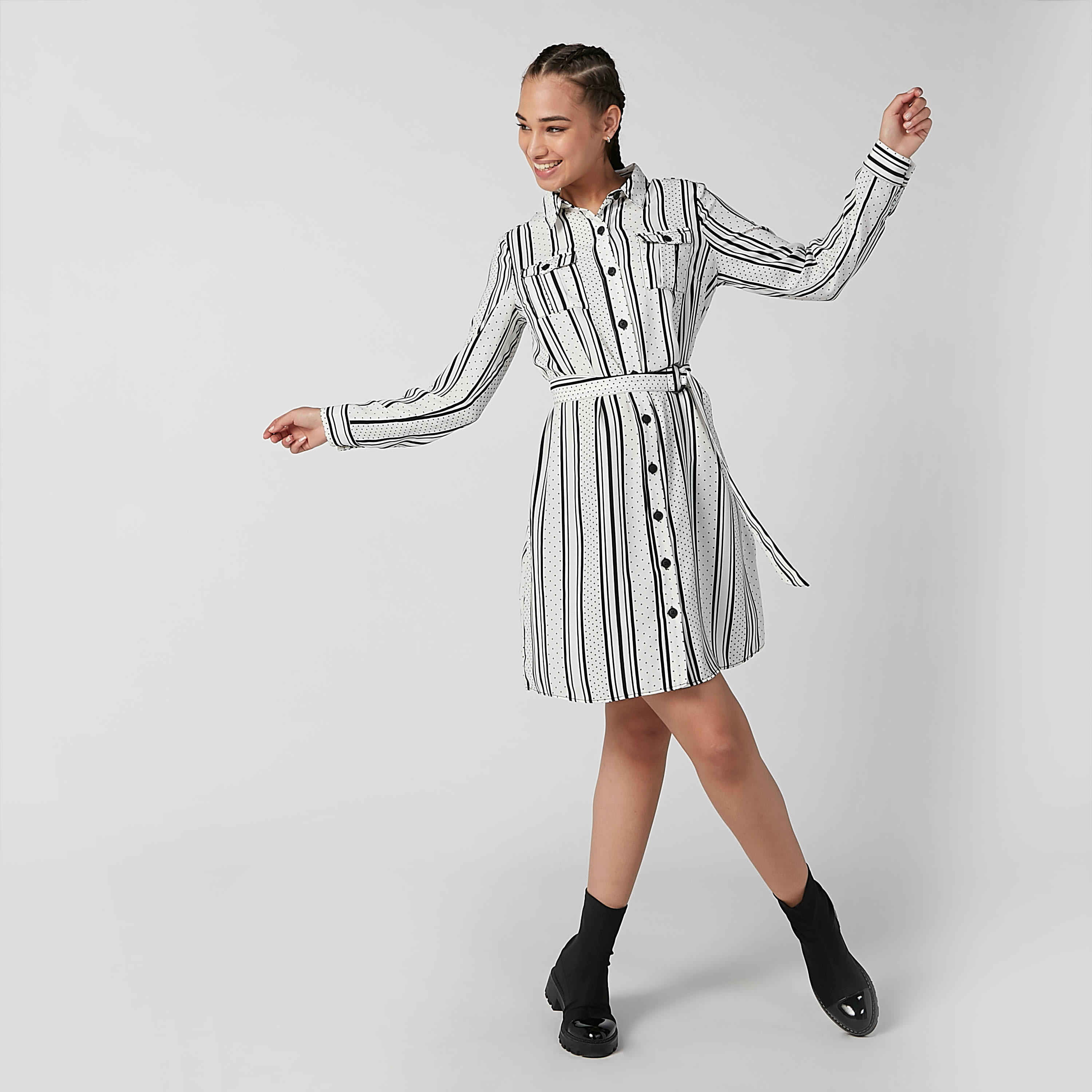فستان قميص مقلّم بأكمام طويلة وحلقات للحزام-women-clothing-dresses-image-2