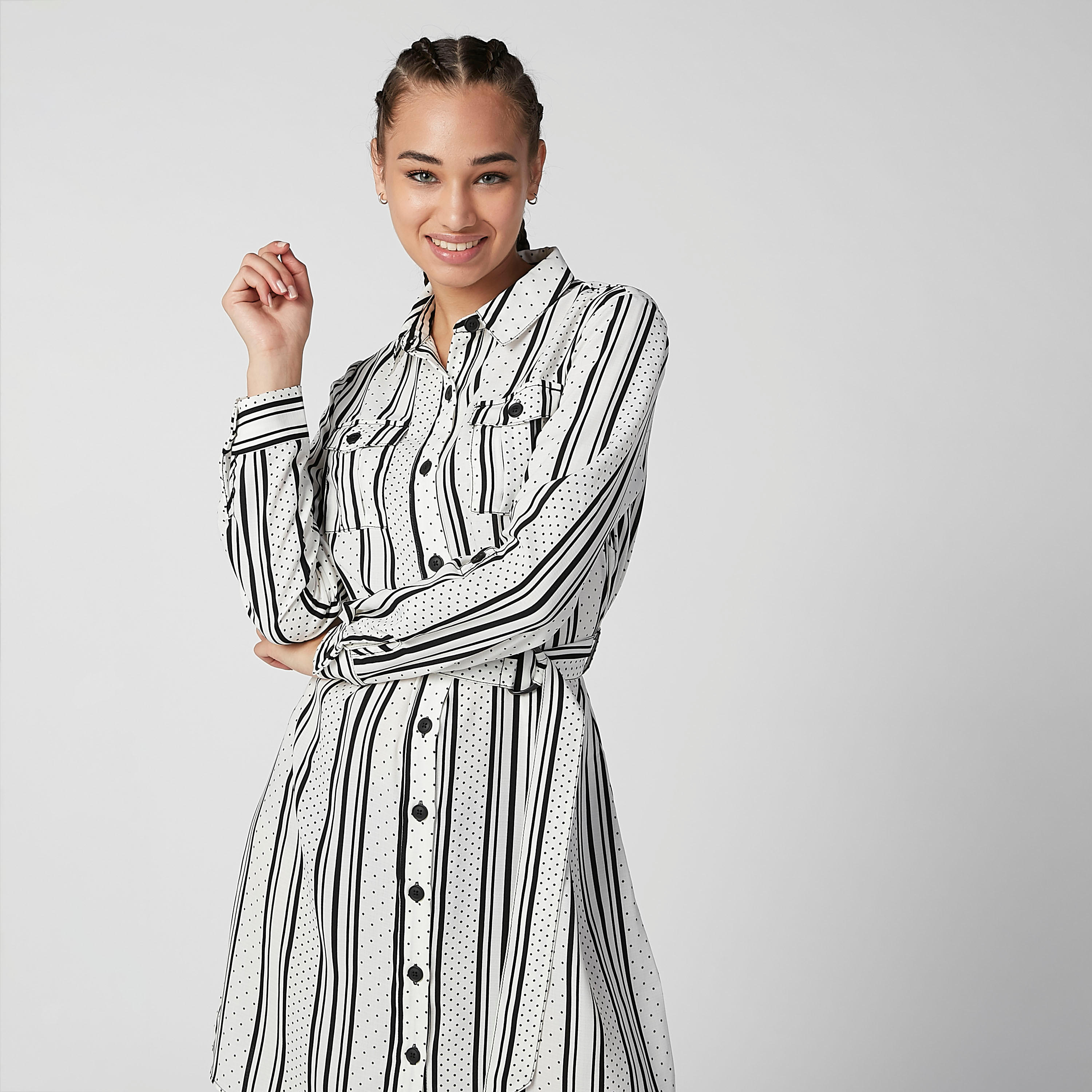 فستان قميص مقلّم بأكمام طويلة وحلقات للحزام-women-clothing-dresses-image-4
