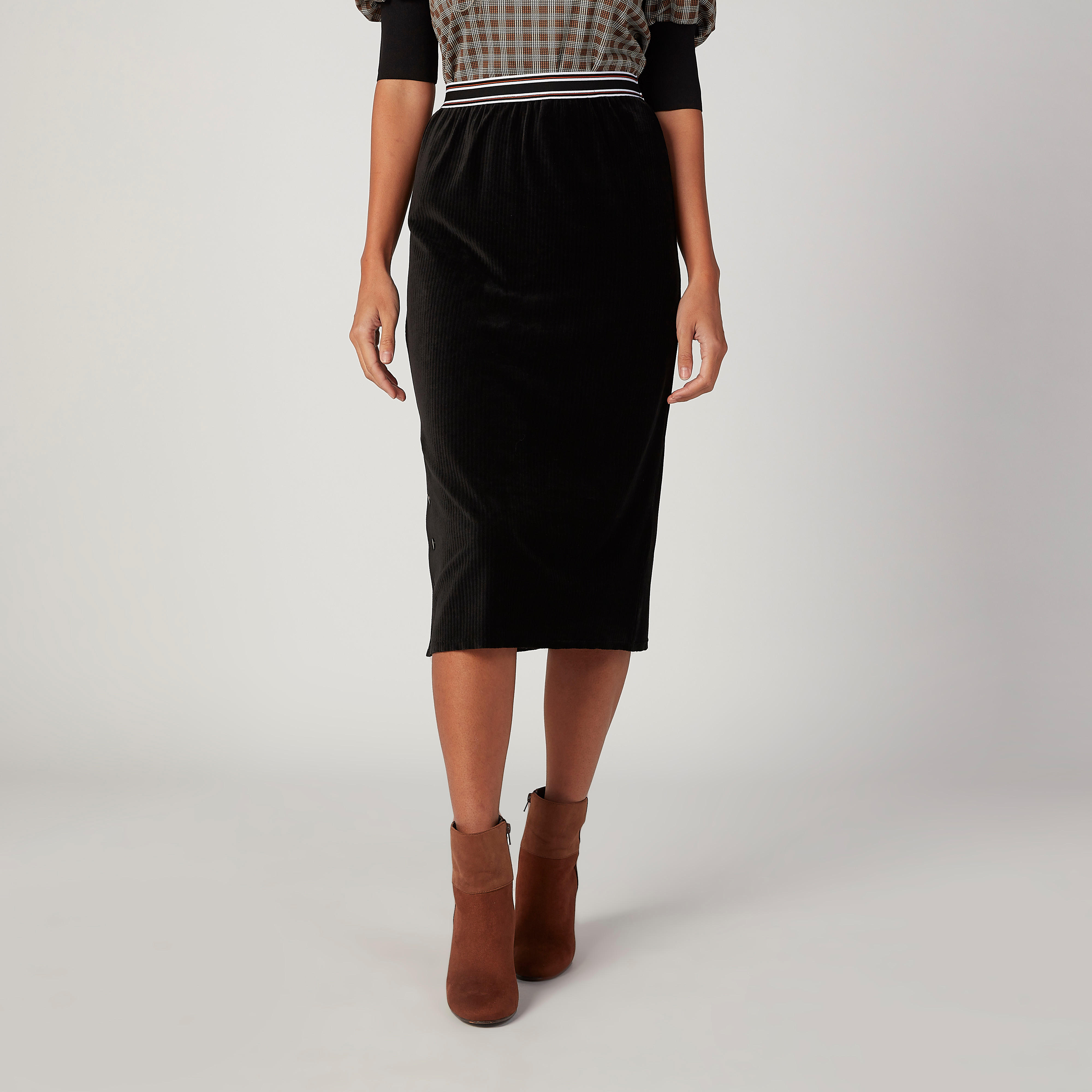 تنورة إيه لاين متوسطة الطول بارزة الملمس بخصر مطّاطي-women-clothing-bottoms-skirts-image-1