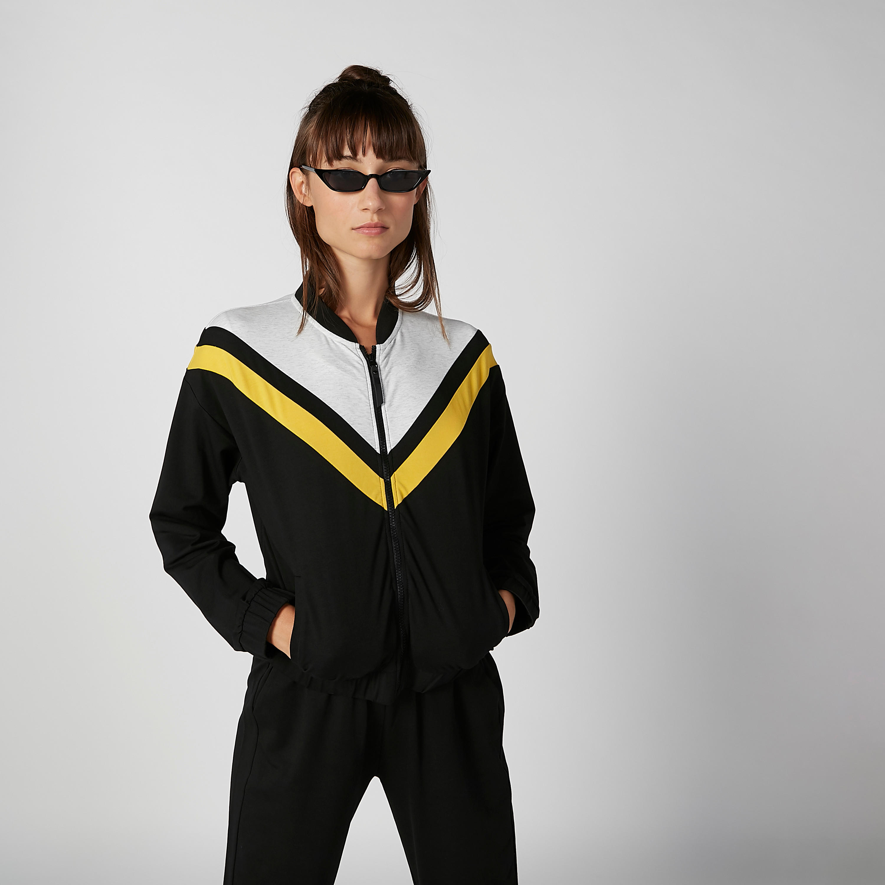 Striped Bomber Jacket with Zip Closure and Kangaroo Pockets-women-winterwear-coatsandjackets-jackets-image-1